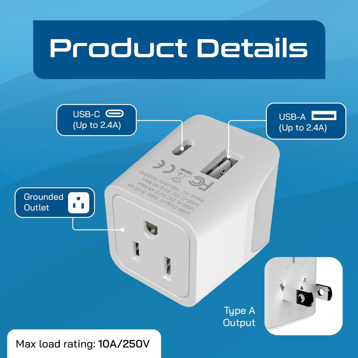 Ceptics (CTU-6) Japan, Philippines Travel Adapter Plug with USB-A + USB-C - Usa Input - Type A - Ultra Compact