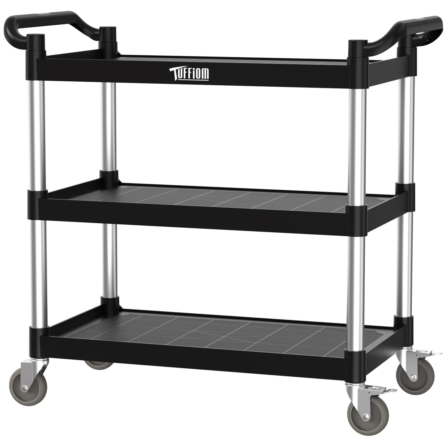TUFFIOM Plastic Service Utility Cart with Wheels,Heavy Duty 450lbs Capacity, 3-Tier Commercial Rolling, Ideal for Restaurant, Foodservice, Office, Warehouse, Black 39.8''L x 19.1''W x 38.4''H