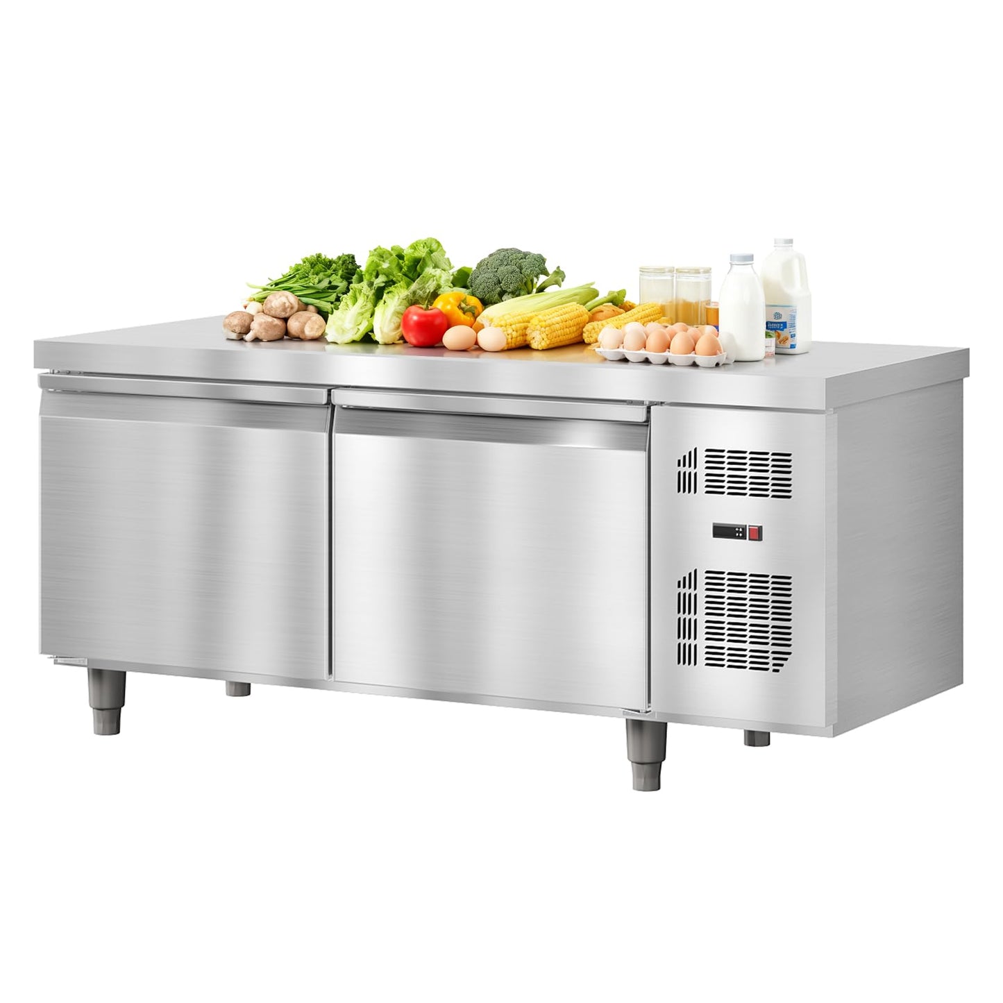 71" Undercounter Commercial Prep Table Freezer – 18 cu. ft. Stainless Steel, 2-Door Frost-Free Freezer Station with Worktop, for Restaurants, Bars, & Food Service"