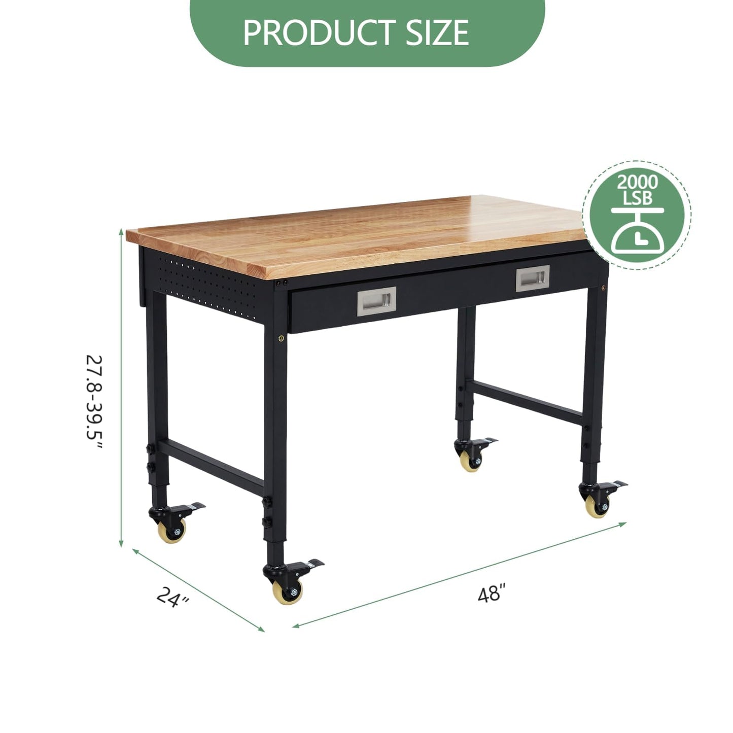 48" Work Benches for Garage, Adjustable Workbench with Wheels, Drawers, Power Outlet & Rubber Wood Top, 2000LB Tool Bench Shop Table for Woodworking, Office, Home (48x24 Inch with Drawer)