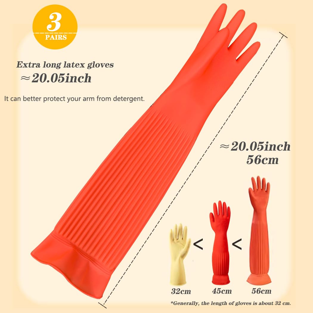 Vsootal 3 Pairs Household Extra Long Kitchen Gloves for Washing Dishes，20.05inches Rubber Cleaning Gloves，Reusable Latex Living Wash Gloves，Long Sleeves(Large, Red)