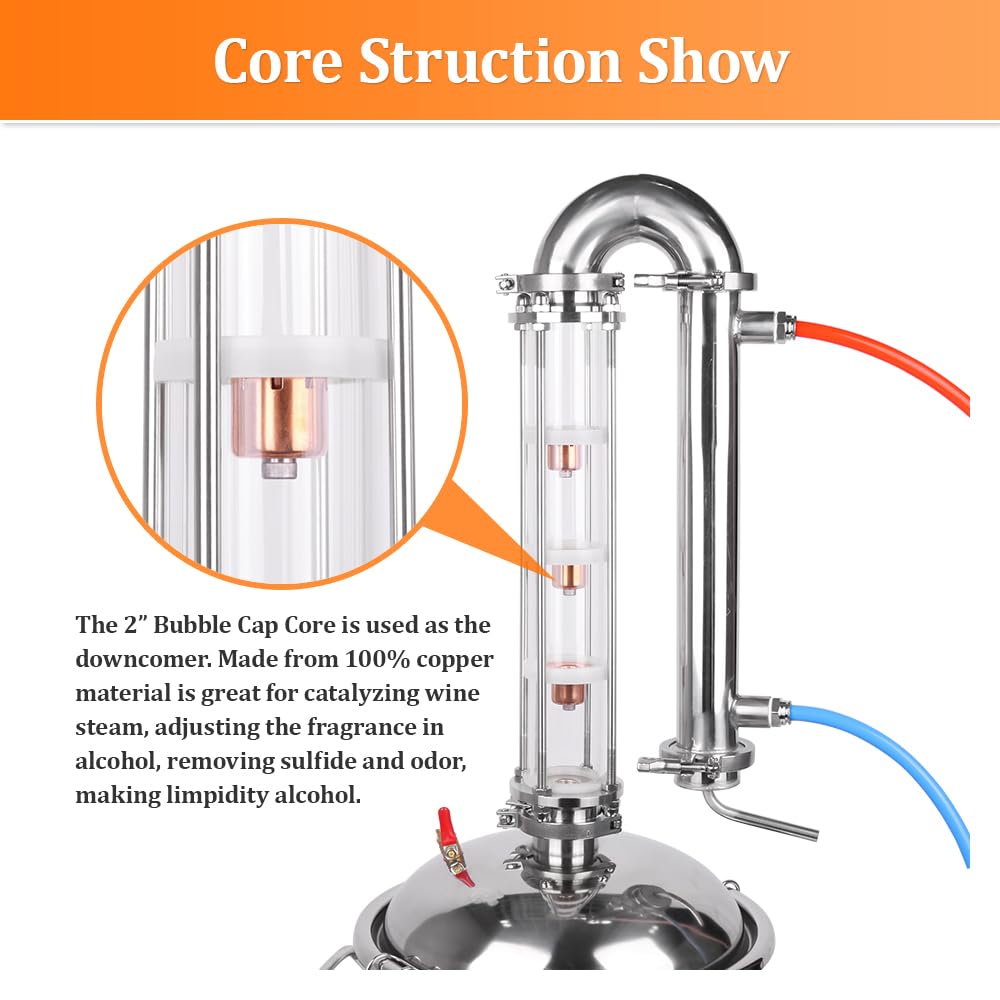 YUEWO Alcohol Still 5.8GAL/13.2GAL Stainless Steel Alcohol Distiller Home Brewing Distillery Kit with 2” Crystal Still Column for DIY Whisky Wine Brandy Gin Vodka Alcohol Making