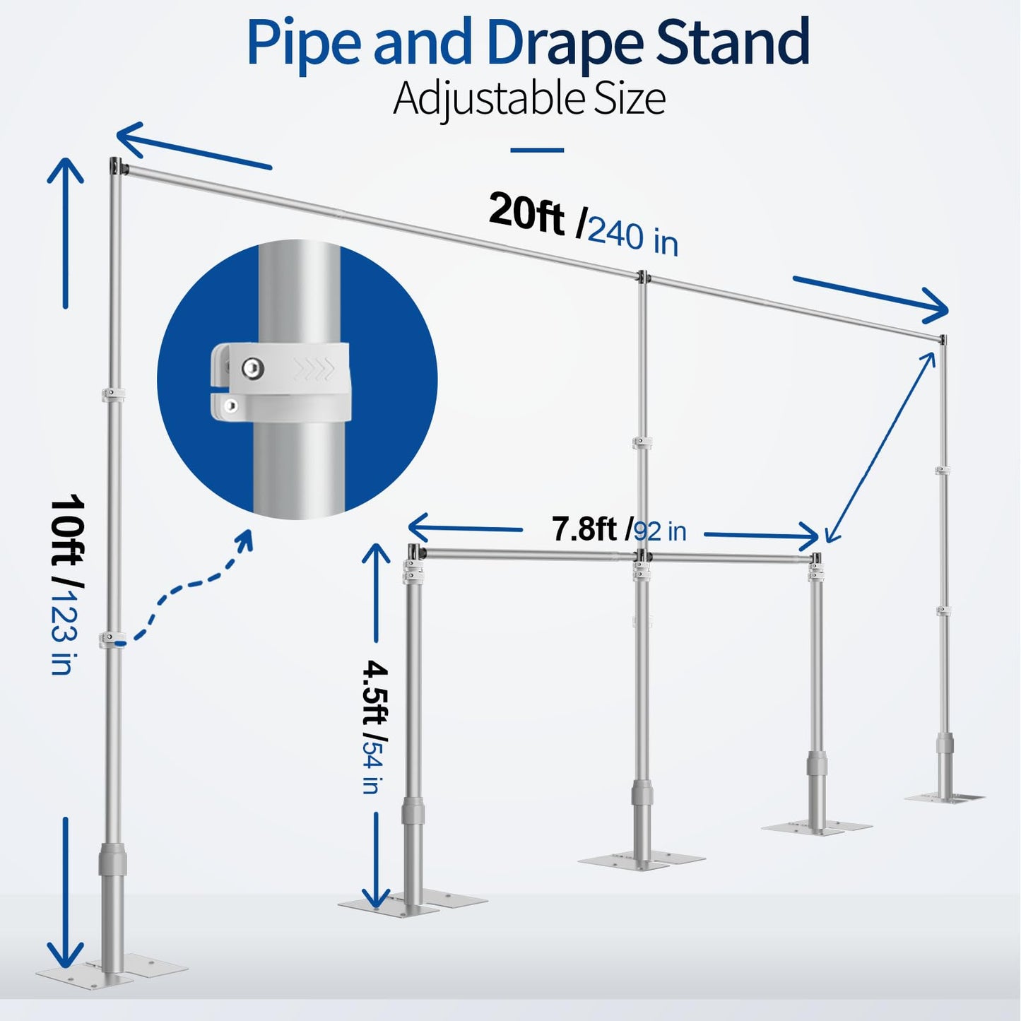 Qoolfoto Pipe and Drape Backdrop Stand, 20x10ft Heavy Duty Adjustable Background Frame with Metal Base, Back Drop Holder for Parties Photography Wedding Photoshoot Decoration