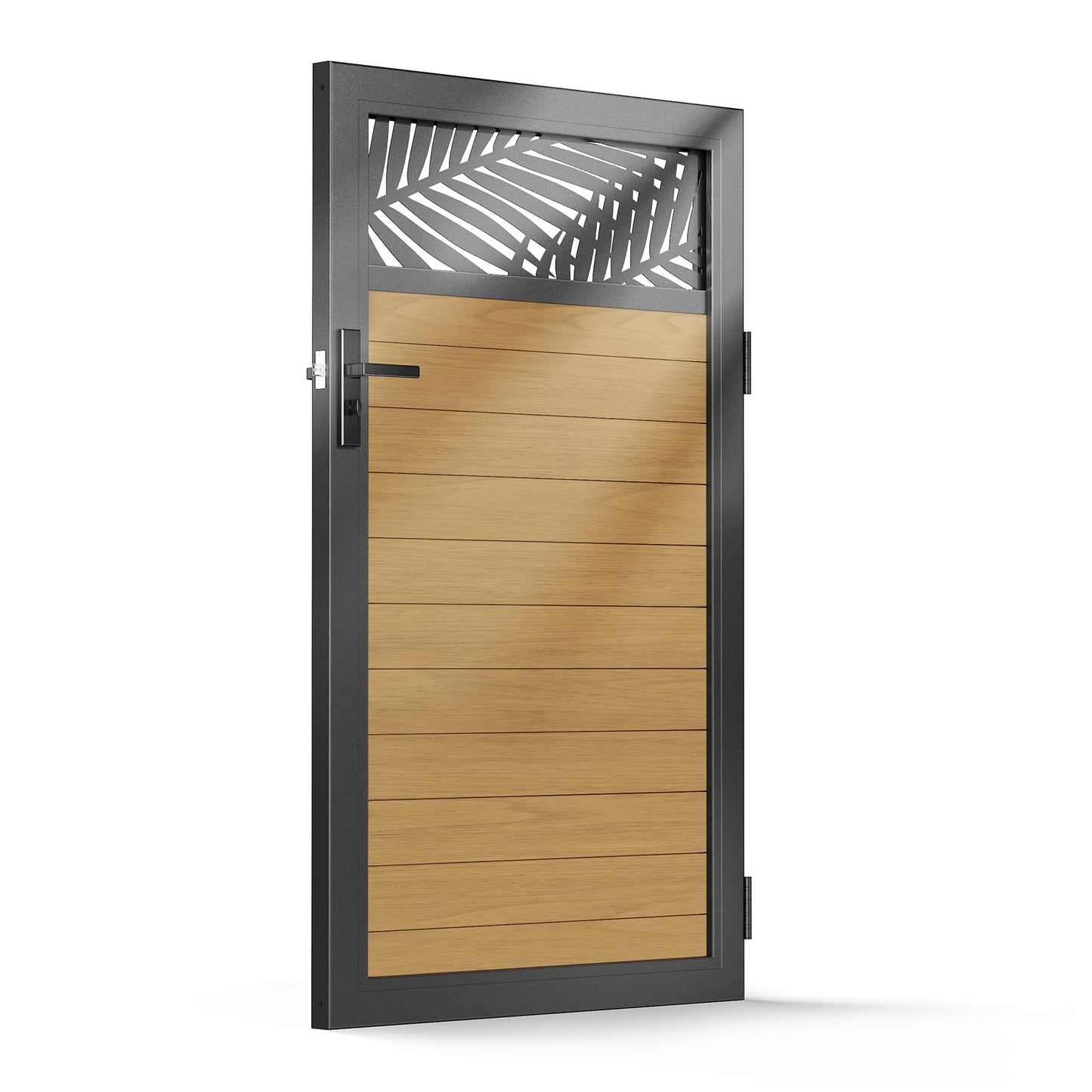 Brukid 3x5 FT Aluminum Fence Gate Kit Wood Grain Aluminum Gate with Decorative Cutout, Lock & Hinges, Left/Right Opening, Weather Resistant for Yard Garden Patio