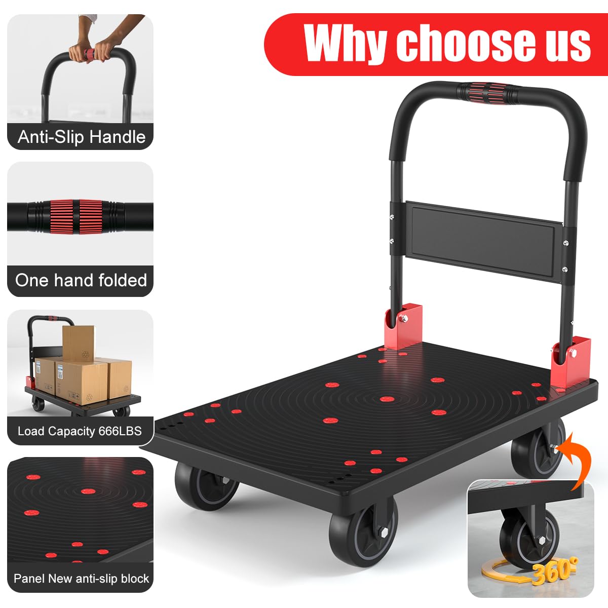 WUD Heavy-Duty Folding Platform Cart – Reinforced 35.4″ × 23.6″, 1323 lb Capacity, 360° Swivel Wheels, Black