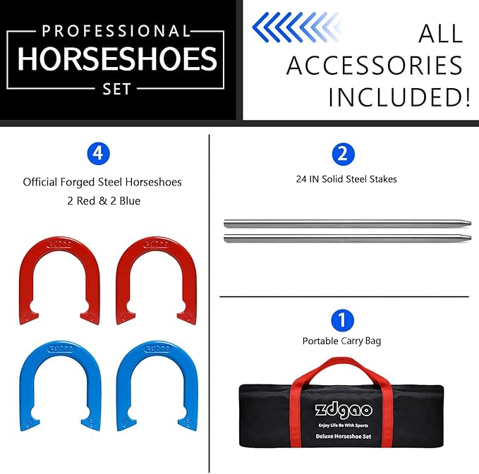 Horseshoes Outside Game Set-Portable Outdoor Horseshoe Set Includes 4 Professional Solid Steel Horseshoes with Solid Steel Stakes & Carrying Bag, Perfect for Backyard and Beach