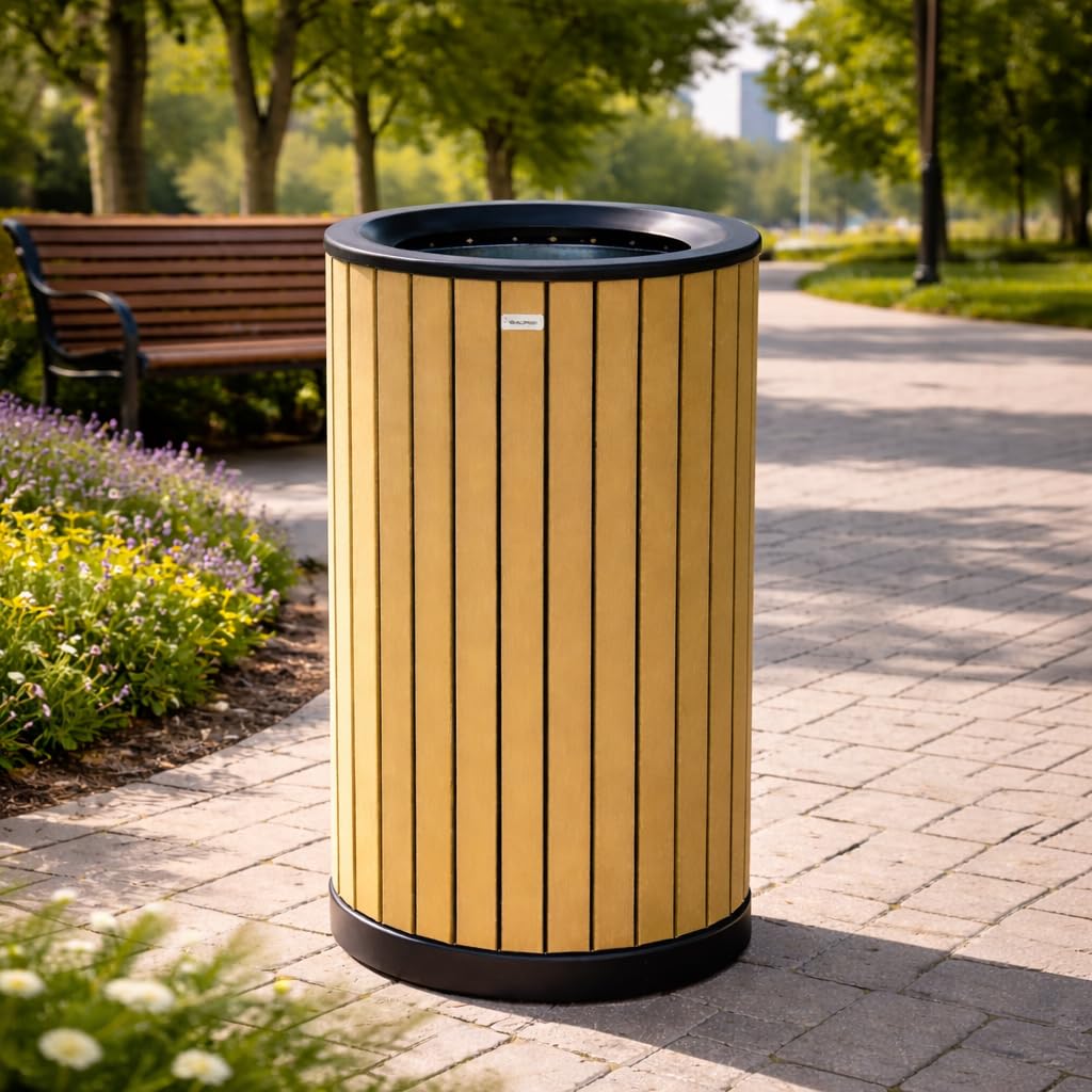 Alpine 32 Gallon Commercial Outdoor Trash Can – Open Top All-Weather Garbage Can with Leak-Proof Stainless Steel Liner, Floor-Mount Ready for Parks, Schools & Public Spaces (Flat Lid - Cedar)