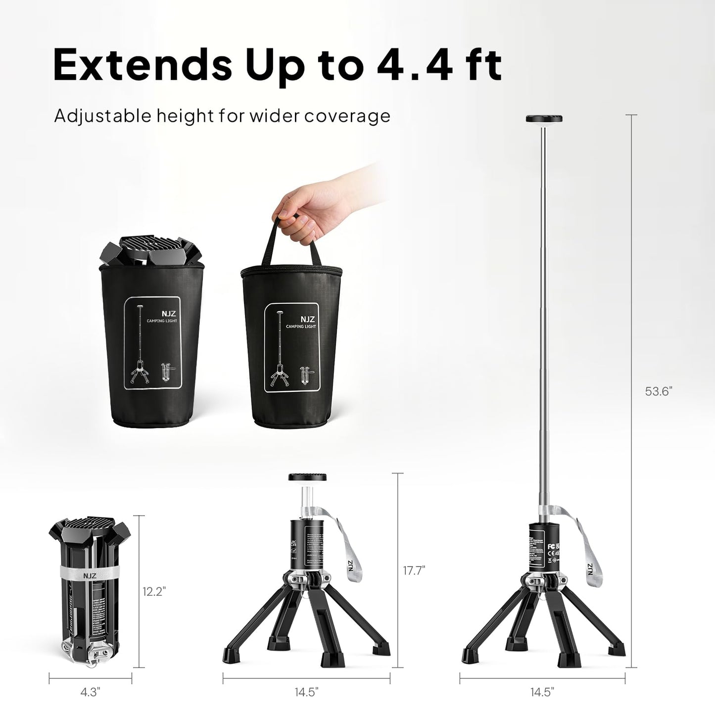 NJZ Rechargeable Camping Light, 20000mAh Telescopic Lantern with Stand, Waterproof Outdoor Light with 3 Brightness Levels for Camping, RV & Emergency