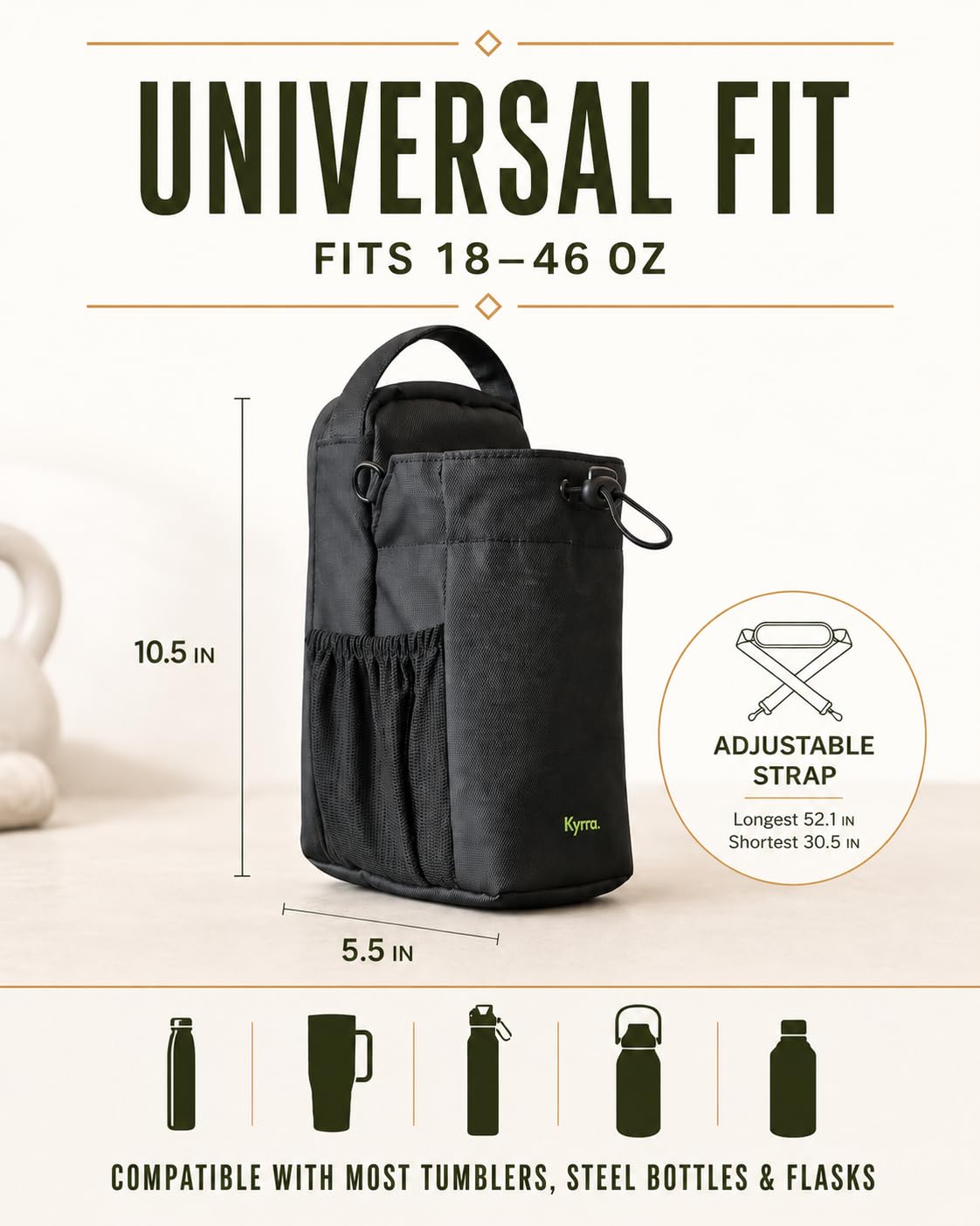 kyrra. Magnetic Gym Bag with Water Bottle Holder Crossbody Bag Strong Magnetic Attachment Fits 40oz Bottles Phone Pocket & Bonus Pouch Gym Accessories for Men and Women