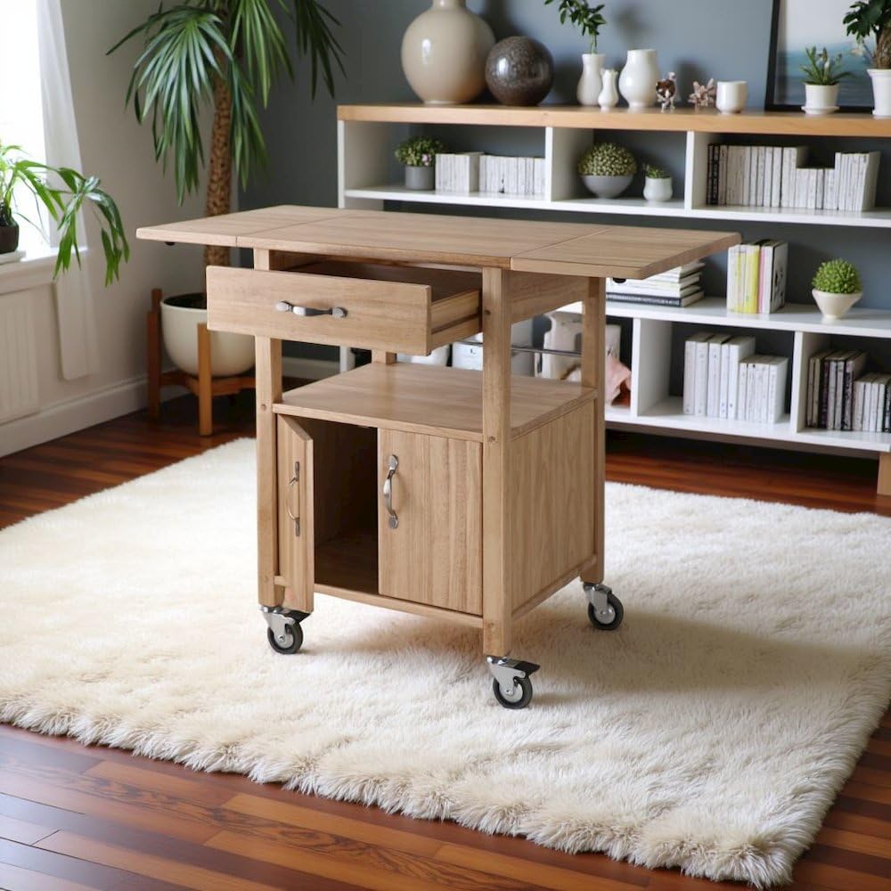 Furnifact Beech Kitchen Island on Wheels – for Small Kitchens and Dining Spaces