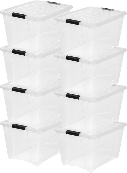 IRIS USA 54 Qt Stackable Plastic Storage Bins - BPA-Free, Durable Nestable Containers, 8 Pack - Clear with Lids