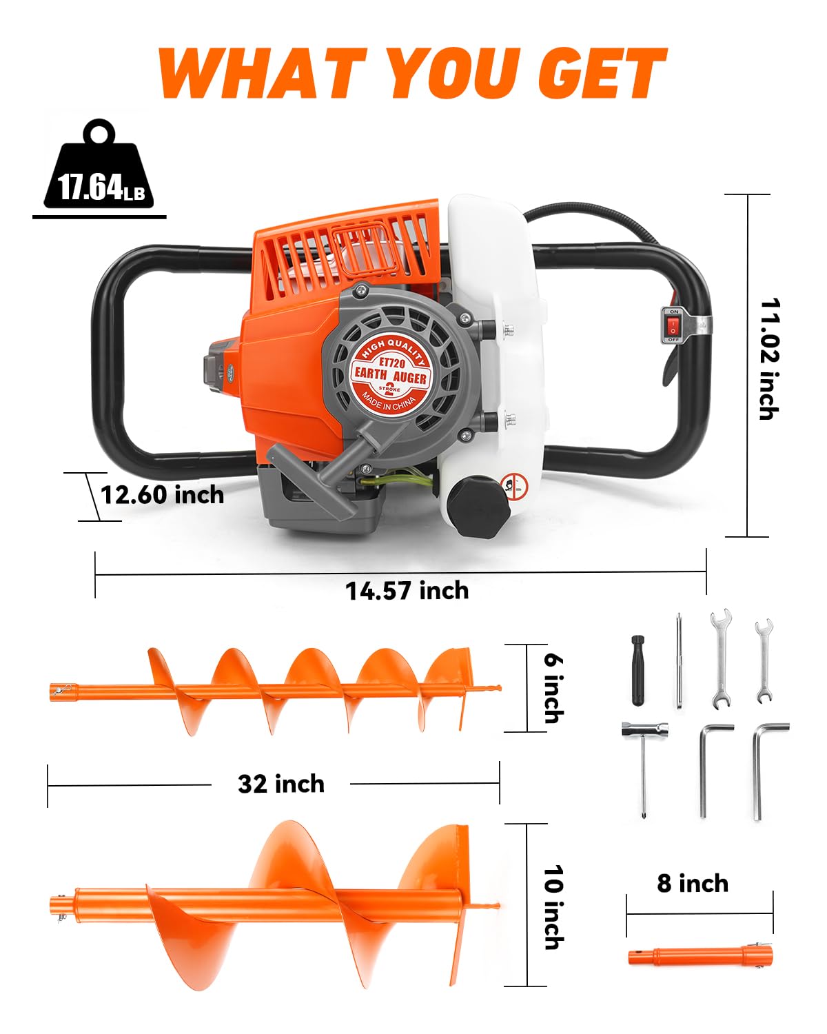NEO-TEC 72CC Post Hole Digger Auger Drill Gas Powered 2-Stroke & 6" 10" Drill Bits + 1 Extension Bar, Earth Auger Petrol Drill Borer for Garden Lawn Auger Drill Bit for Planting