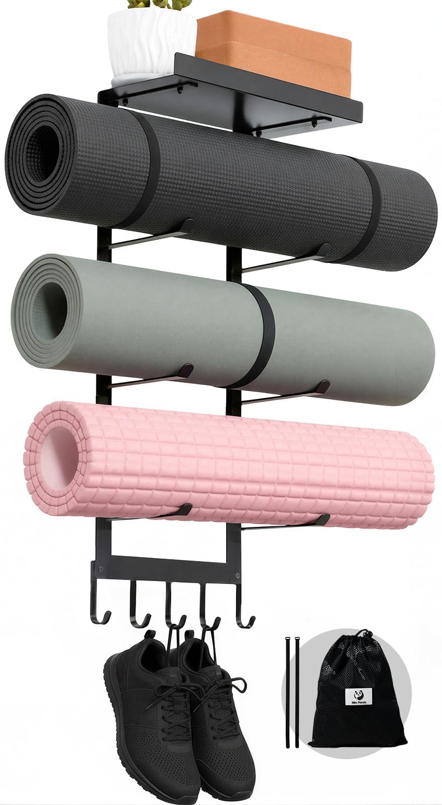 Slim Panda Yoga Mat Holder Wall Mount with Mesh Bag, 4-Tier Metal Storage Rack with Floating Shelf & 5 Hooks, Large Home Gym Organizer for Foam Rollers, Resistance Bands & Yoga Accessories