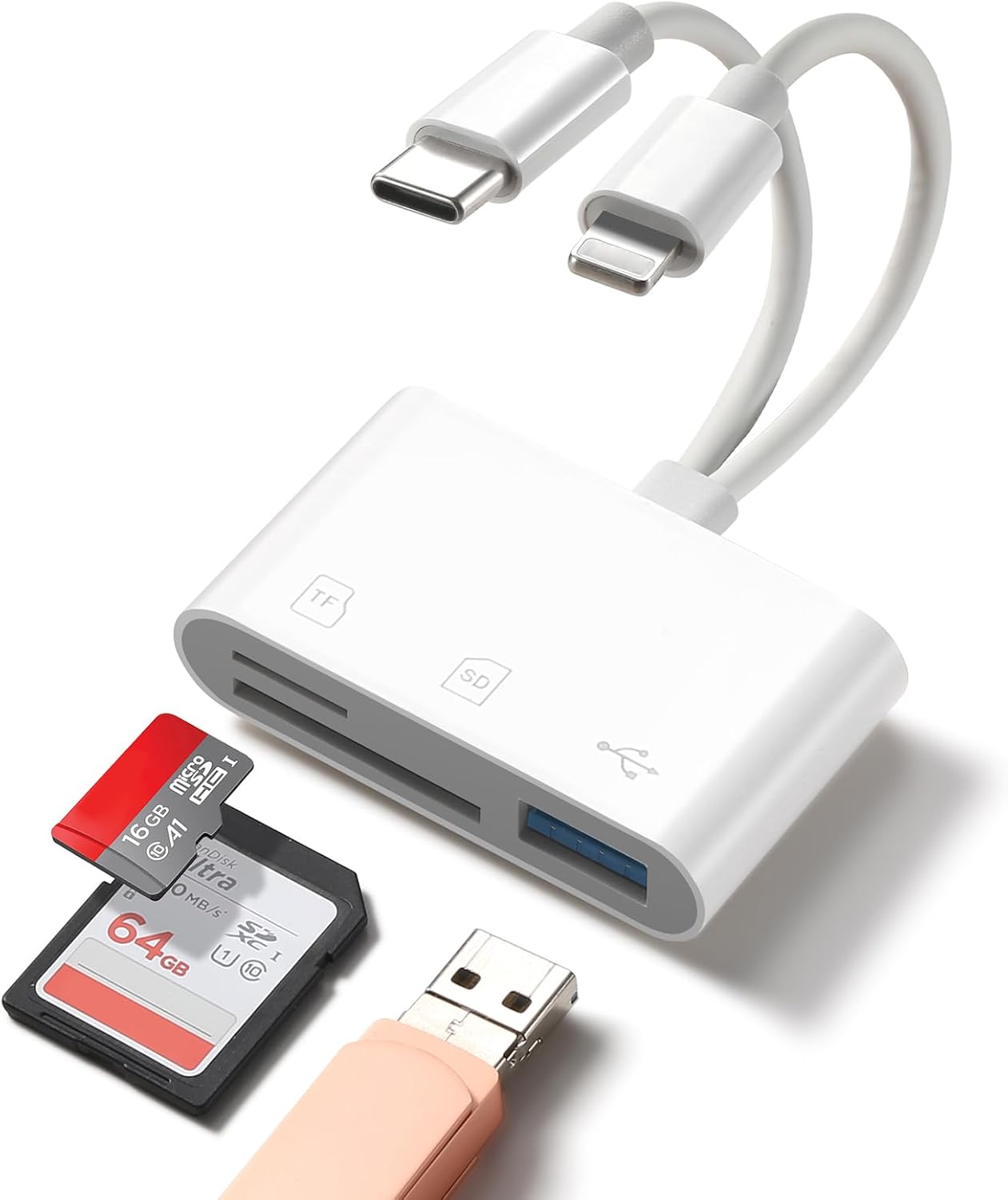 WEZAFO 3 SD Card Reader for iPhone Android, Memory Card Reader Built-in Dual iOS & USB C Connector Card Reader