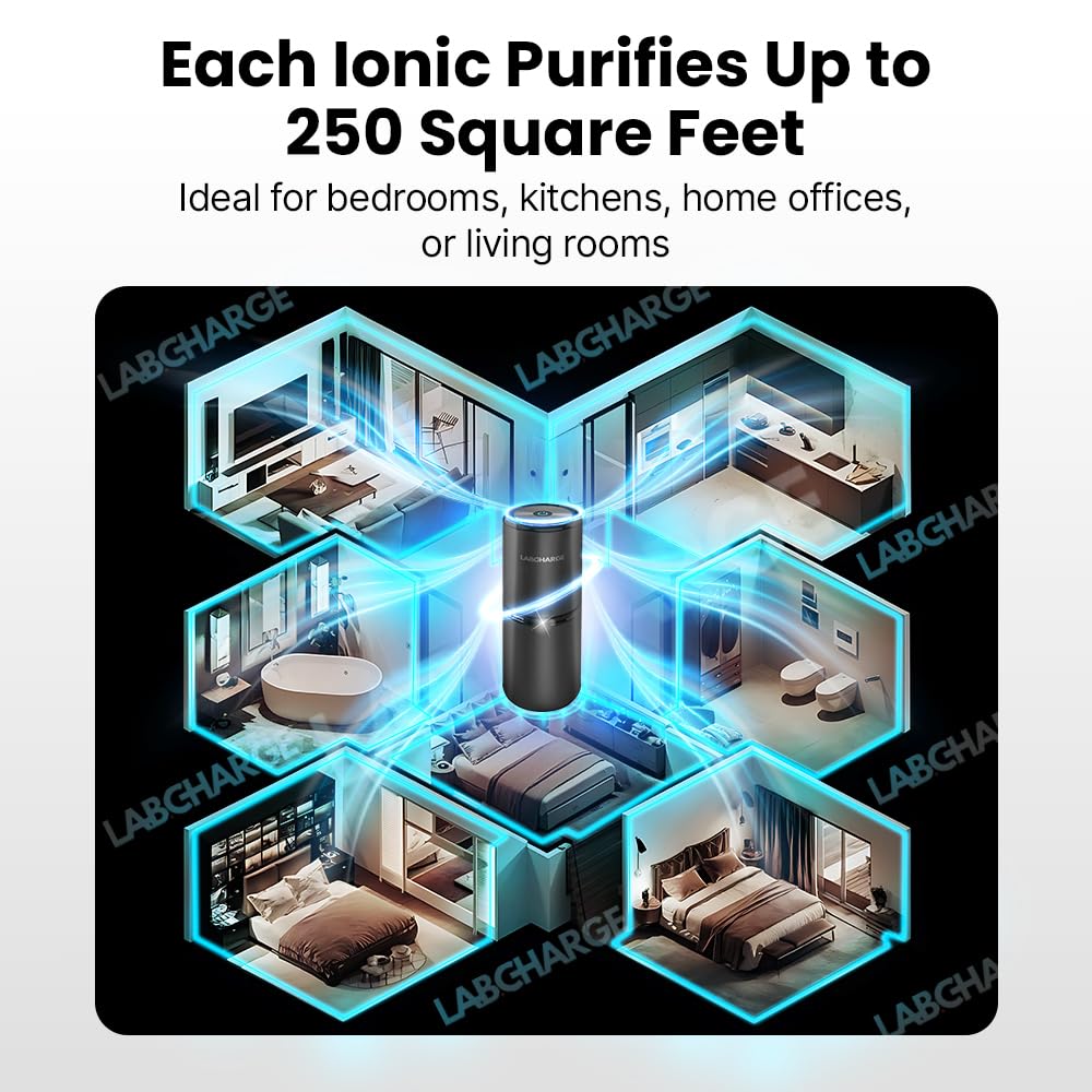 Lab Charge Small Ionic Air Purifier for Home & Bedroom – Silent HEPA Filter – Covers 250 Sq Ft - Free Cleaner – Compact & Black Design - Pack of 4