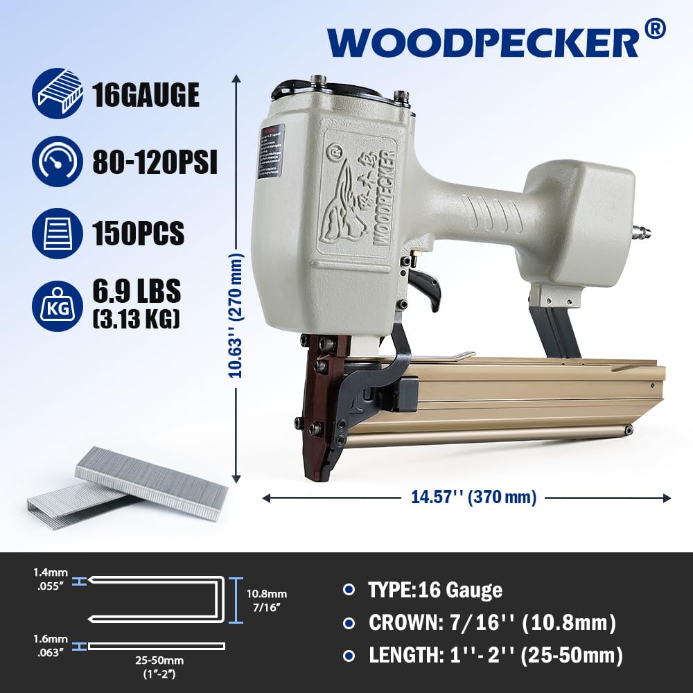 Woodpecker 16-Gauge 7/16-Inch Medium Crown Construction Stapler, Fits 1-Inch to 2-Inch Length Staples, Pneumatic Heavy Duty Wide Crown Stapler Gun