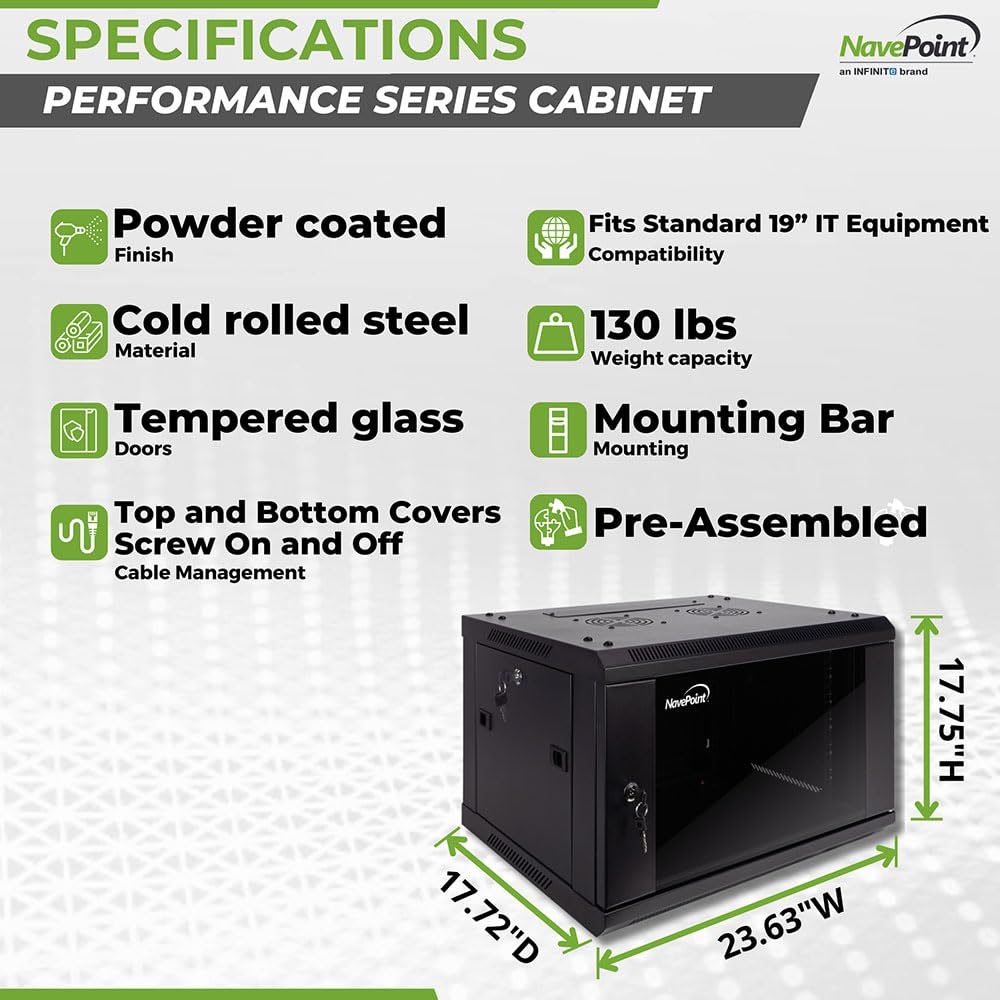 NavePoint 6U Server Cabinet Wall Mount Rack Enclosure Includes 2 Fans, Locking Glass Door, Removable Side Panels – 6U Network Cabinet 17.7” Deep, 19 Inch Server Rack for IT and A/V Equipment