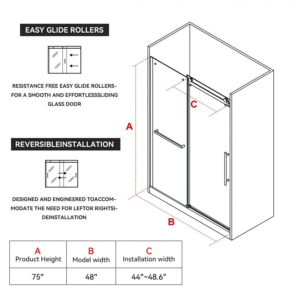 Findepot 44-48" W x 75" H Frameless Sliding Shower Door, Shower Glass Door with 1/4" Thick Tempered Glass, Explosion-Proof Film, Easy to Clean,Brushed Nickel