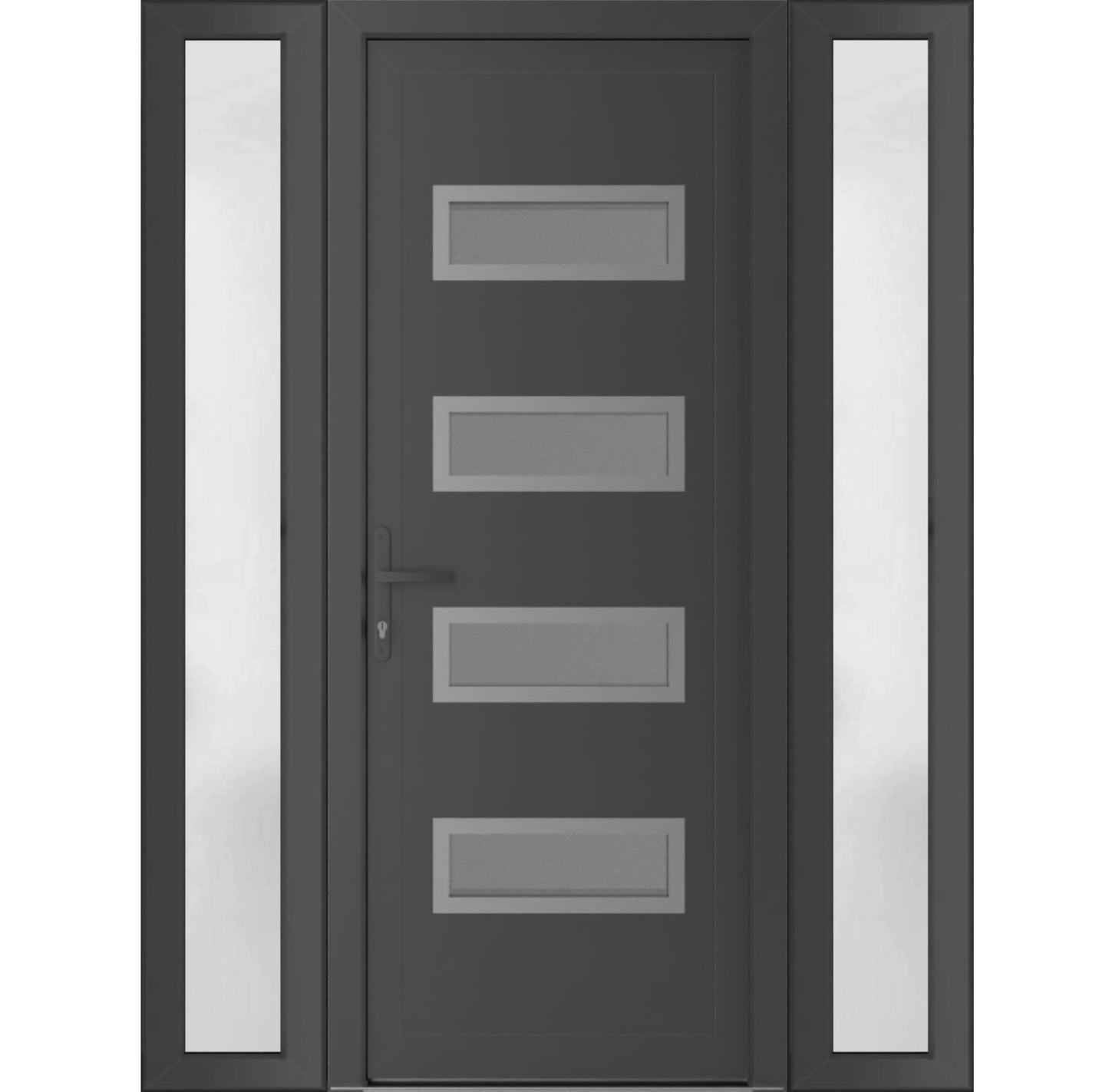 VDOMDOORS Front Exterior Prehung Metal-Plastic Door Frosted Glass | Manux 8113 Antracite Grey | 2 Side Sidelite Transoms | Doors Entrance Patio Garage 60 x 80 (W12+36+12 x H80) Right-Inswing