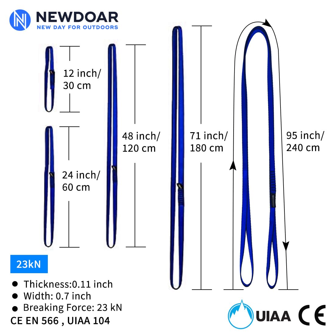 NewDoar 16mm Climbing Sling UIAA CE Certified,23KN EN566 Certified,Climbing Utility Cord Rock Climbing,Creating Anchors System,Rappelling Gear,Perfect for Tree Work(Blue 48" 1pcs)