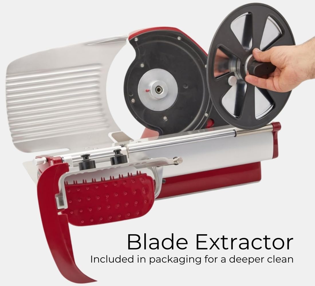 VBI Milano 1898 Home Line Plus 200 Food Slicer | 8-inch Chromed Steel Blade | Adjustable Thickness | Premium Electric Slicer for Prosciutto, Cold Cuts, Cheese, Bread, Veggies and more (Red)