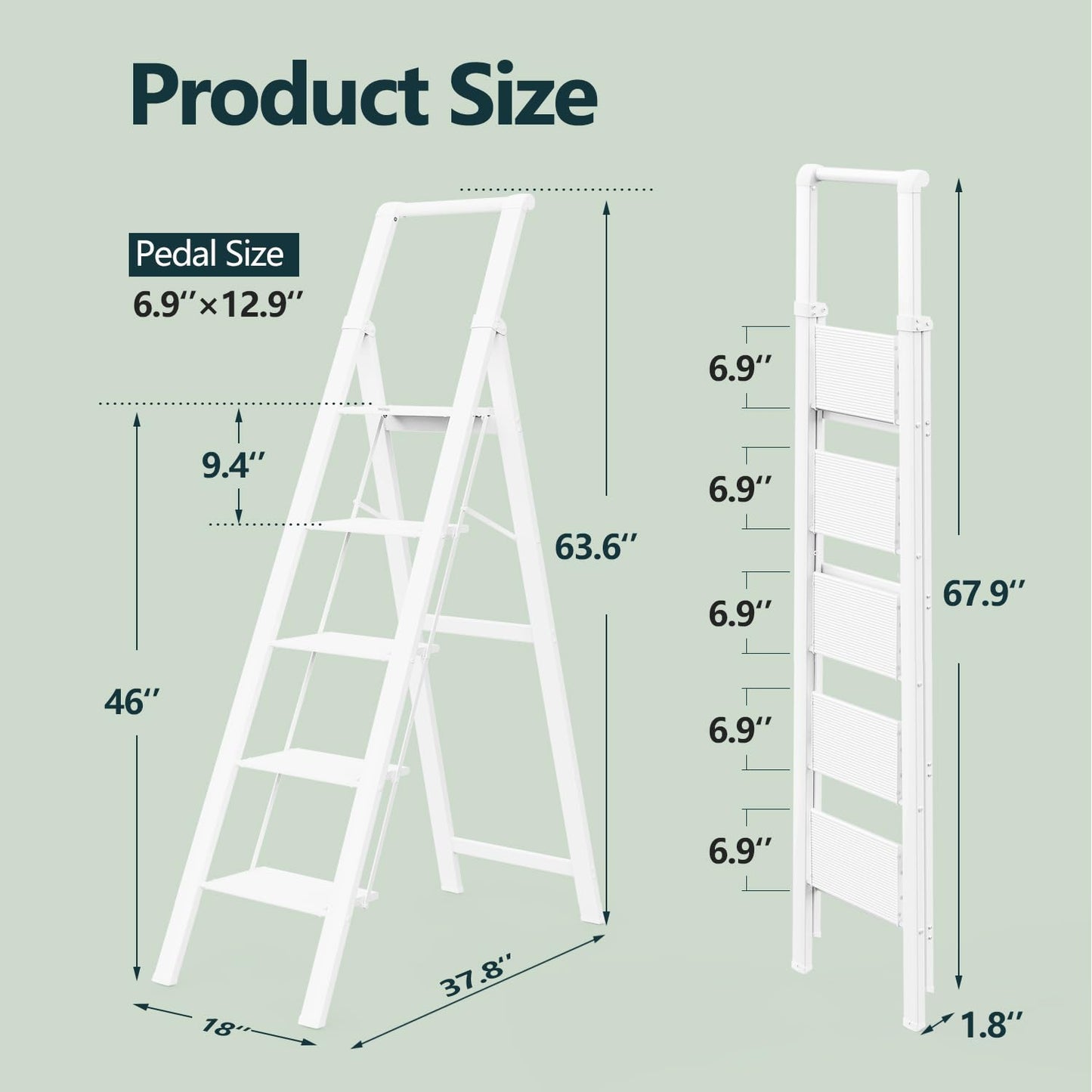 WOA WOA 5 Step Ladder, Ladders for Home, Anti-Slip Pedals, Step Stool Foldable, Lightweight to Move, Ease of Storage, Reach 10ft for Closet Kitchen Library, Hold 300lbs - White