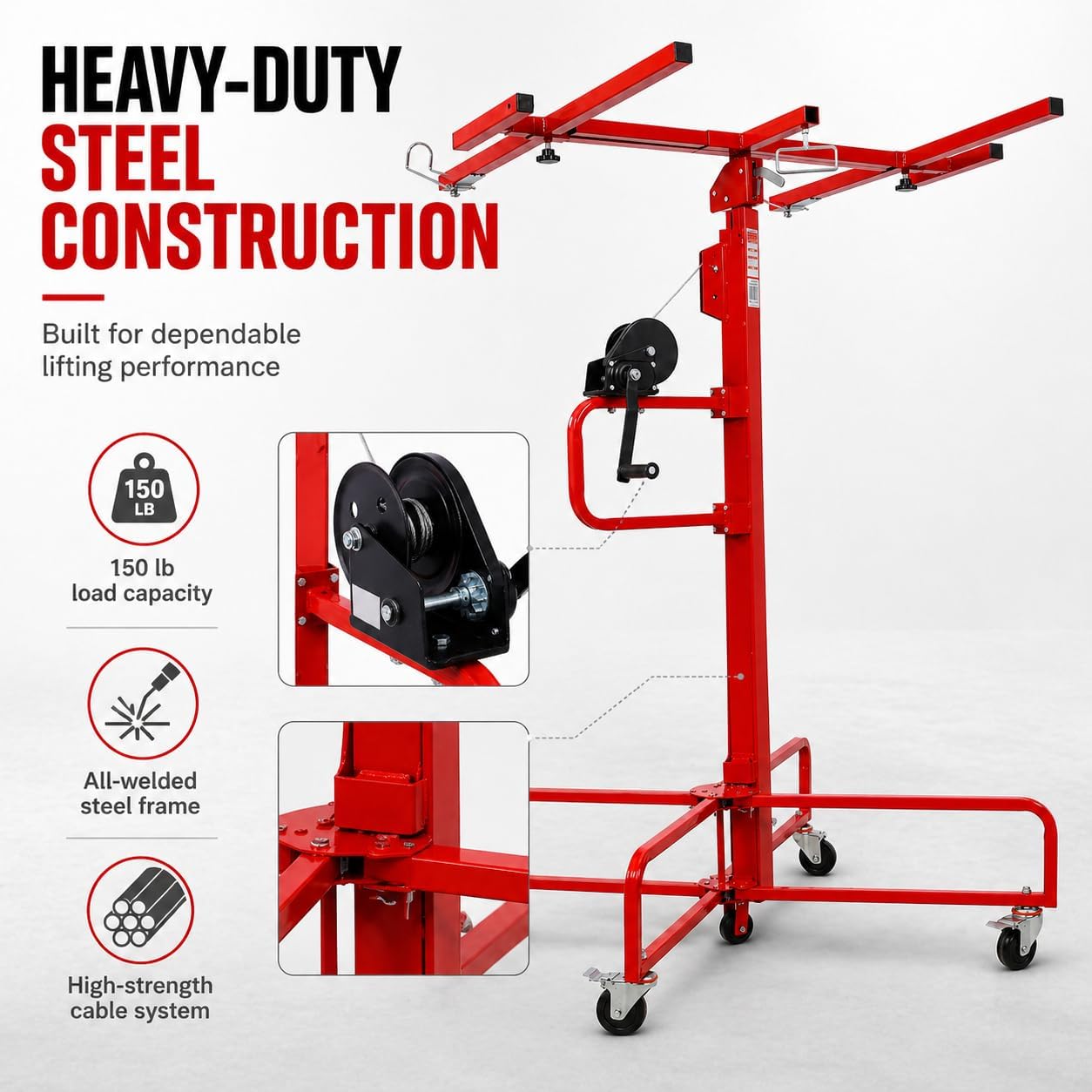 ELOMBR 16FT Drywall Lift Sheetrock Lift, Panel Hoist with 4 Lockable Wheels for Ceiling, Drywall Rolling Lifter Panel, 150LBS Drywall Jack Lift for Home & Commercial Use, Red