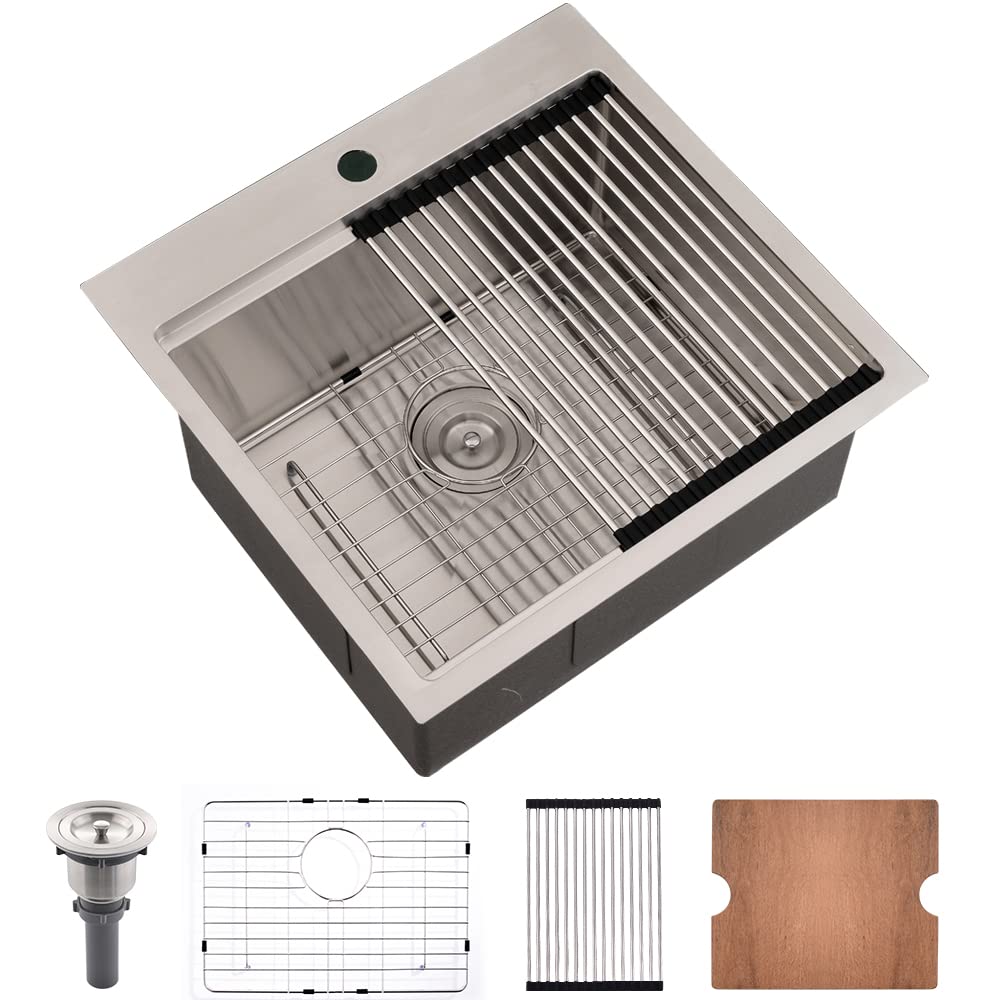 21 Inch Drop In Bar Sink Workstation-Bokaiya 21x20 Small Stainless Steel Drop In Outdoor Rv Sink Wet Bar 16 Gauge Top Mount Single Bowl Kitchen Sink with Cutting Board