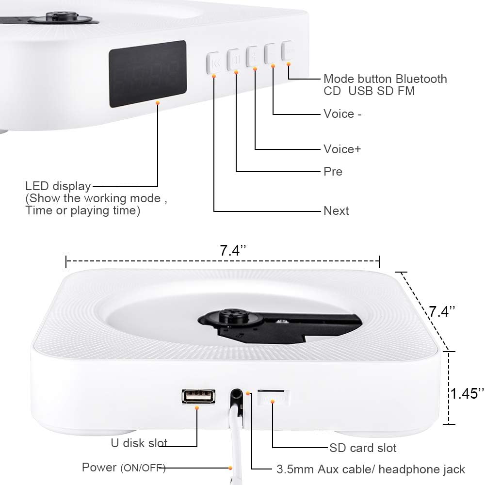 Qoosea MP3 Portable CD Player with Bluetooth, Wall Mountable CD Players Music Player Home Audio Boombox with Remote