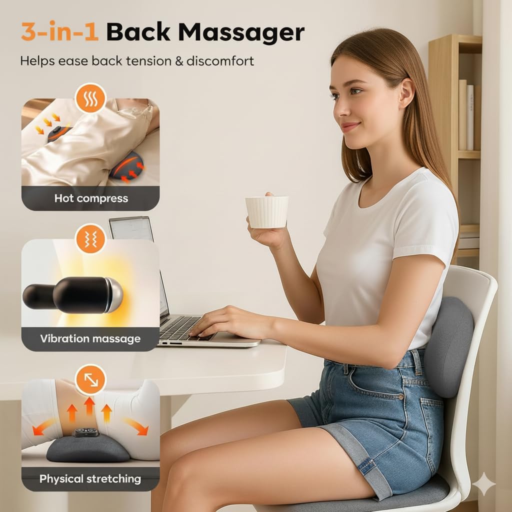 TNDCKP 3 in 1 Back Massager for Spine and Lower Back, Electric Lumbar Massager with Heat, Spine Massage Pillow with Traction Support for Home and Office Comfort (Grey) (Grey)
