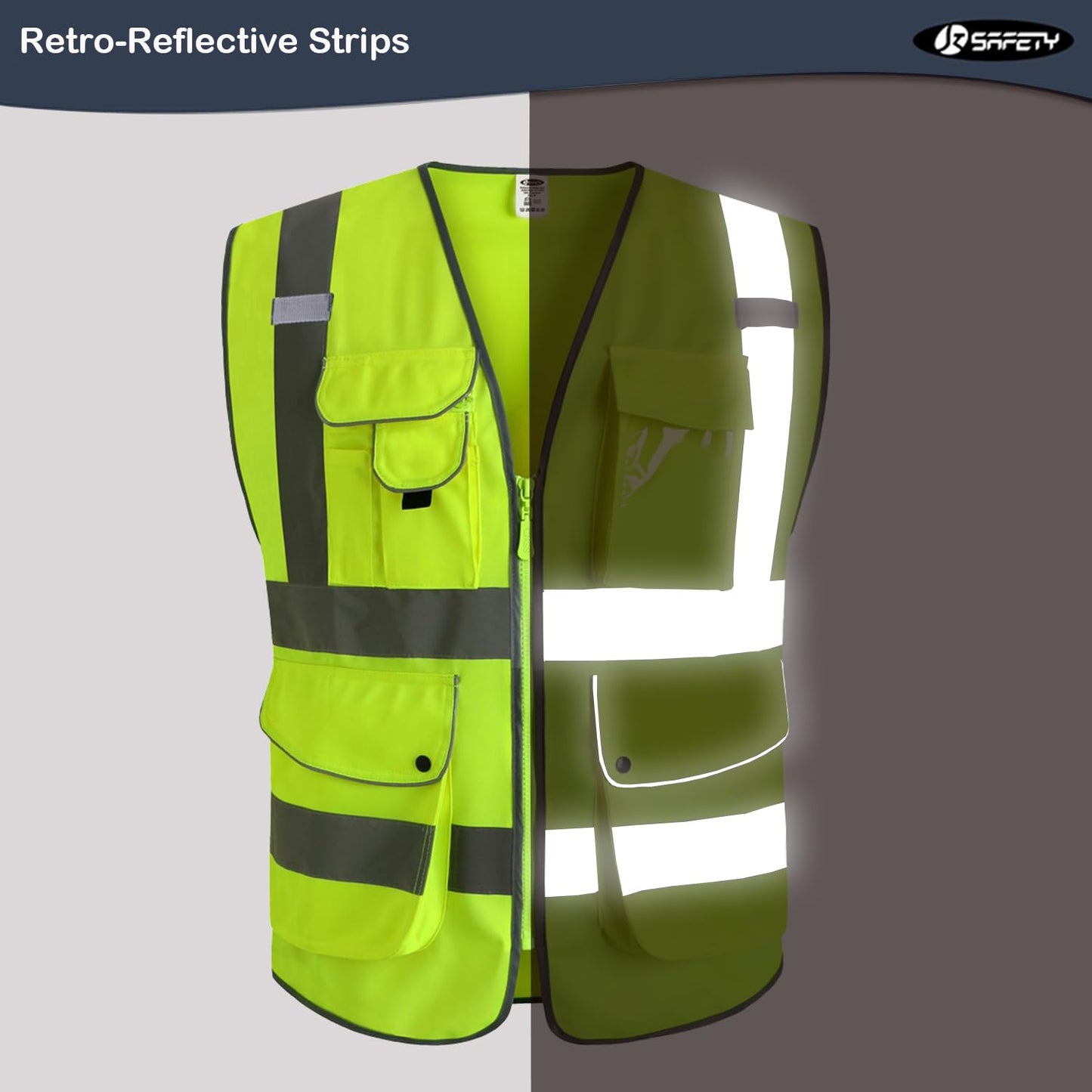 JKSafety 20 Pack 9 Pockets Class 2 High Visibility Zipper Front Safety Vest With Reflective Strips,Meets ANSI/ISEA Standard (Medium, 156-Yellow)