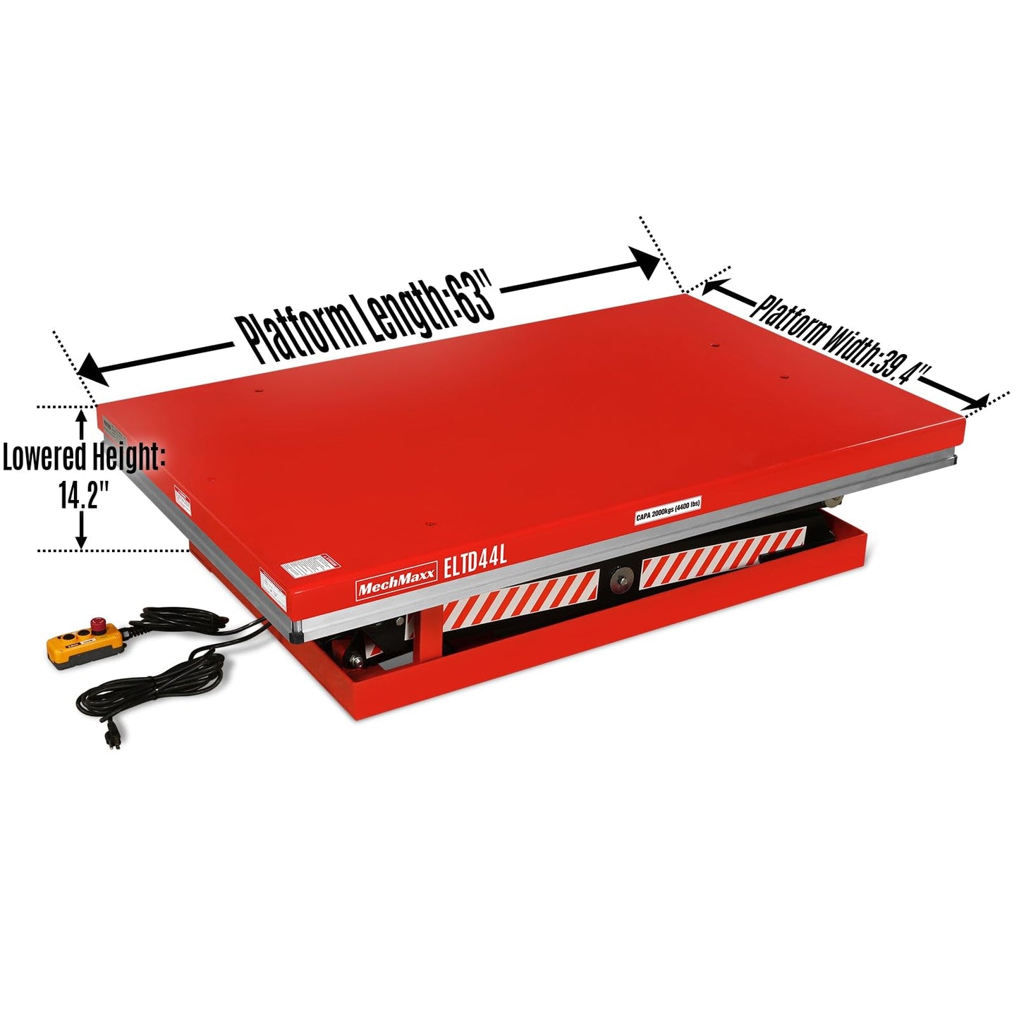 Mechmaxx 4400 lb Capacity Stationary Electric Hydraulic Double Scissor Lift Table – 63" x 39.4" Platform, 70.1" Lift Height, UL Certified Motor,Model ELTD44L