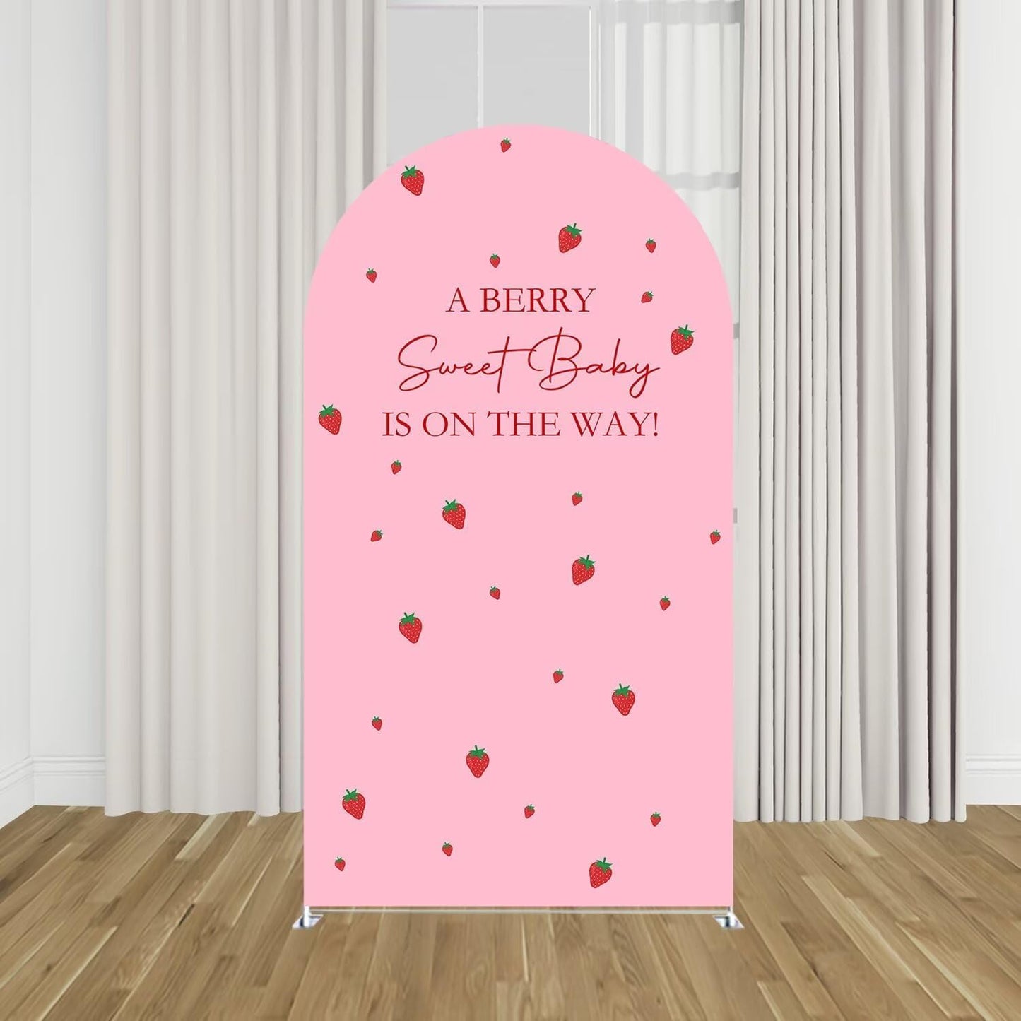 KONPON A Berry Sweet Baby is ON The Way! Pink Arched Backdrop Cover Strawberry Theme Stretchy Arched Stand Covers