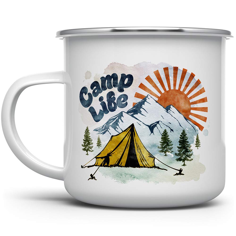Loftipop Camp Life Enamel Campfire Mug, Outdoor Camping Coffee Cup, Mountain Nature Hiking Lover Gift (12oz)