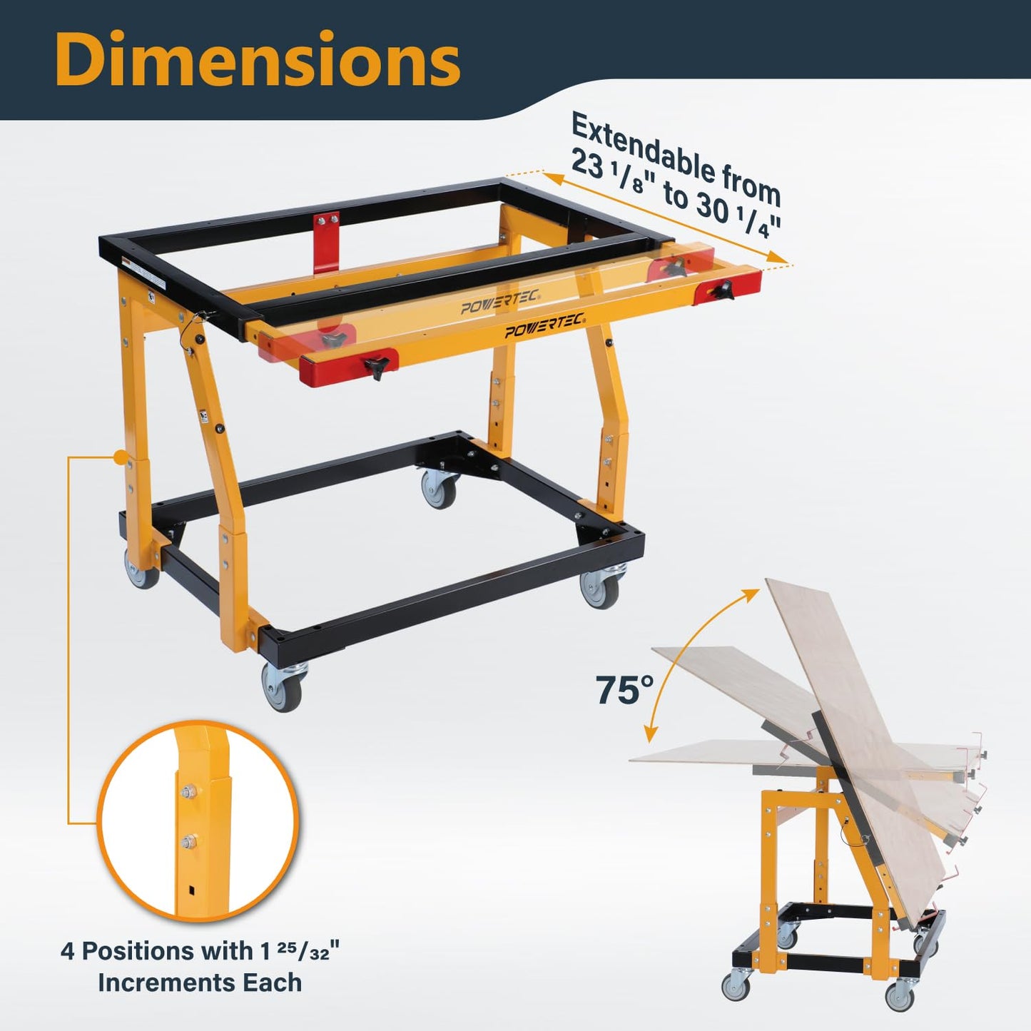 POWERTEC Panel Transfer Cart with Tilting Top - Multi-Purpose Mobile Shop Stand, 220lbs Capacity, 31-37" Adjustable Height, 4" TPR Wheels - 2 Casters with Brake 2 Without (UT1011)