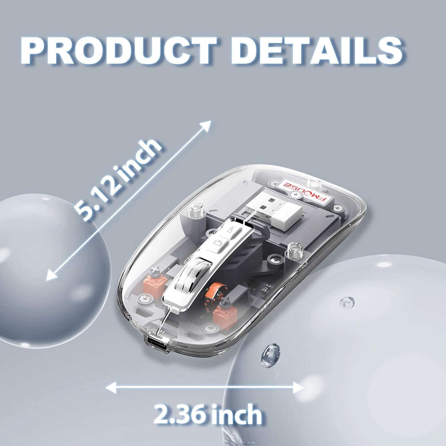 Razemate BT5.1/2.4G Transparent Wireless Mouse Bluetooth Mouse Rechargeable Mute Laptop Mice