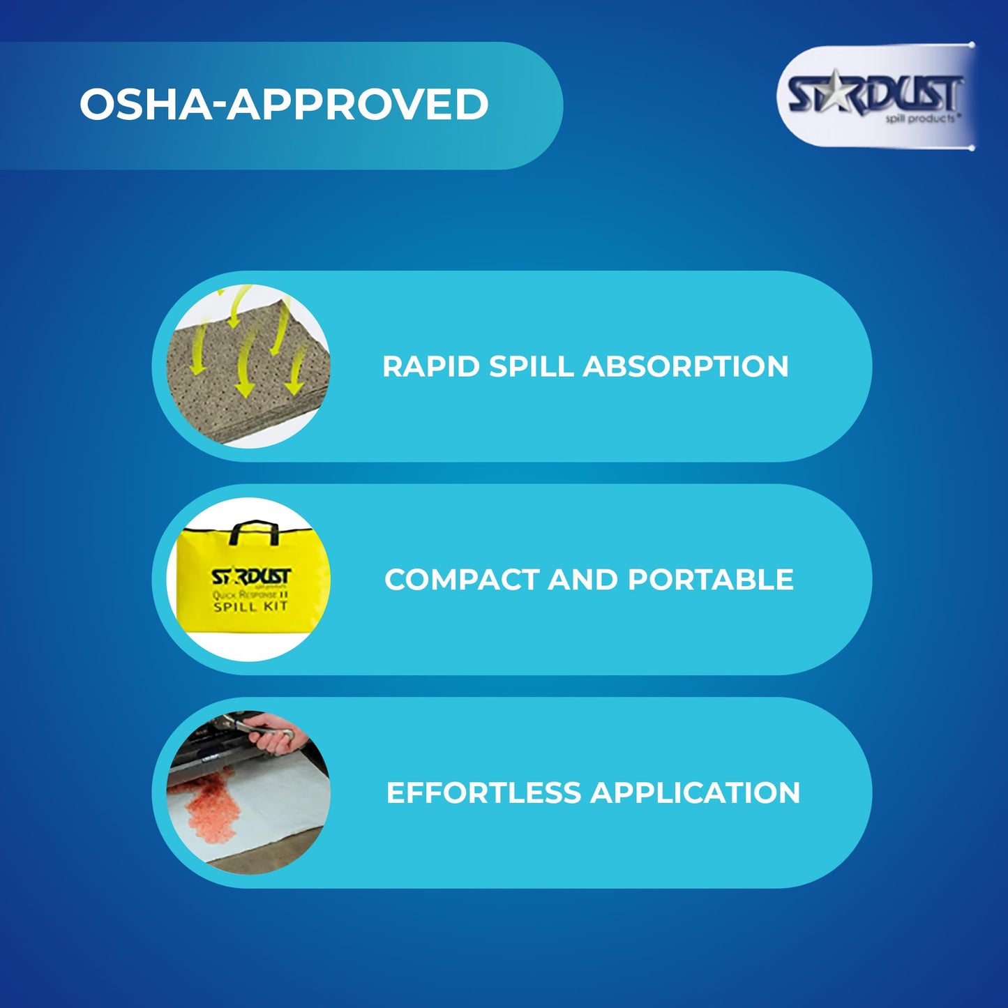 Stardust Spill Products Universal Spill Kit – OSHA Compliant Solution for Vehicles, Industrial, & Restaurant Use, Emergency Response Chemical, Water, & Bodily Fluid Cleanup, 12-Pack