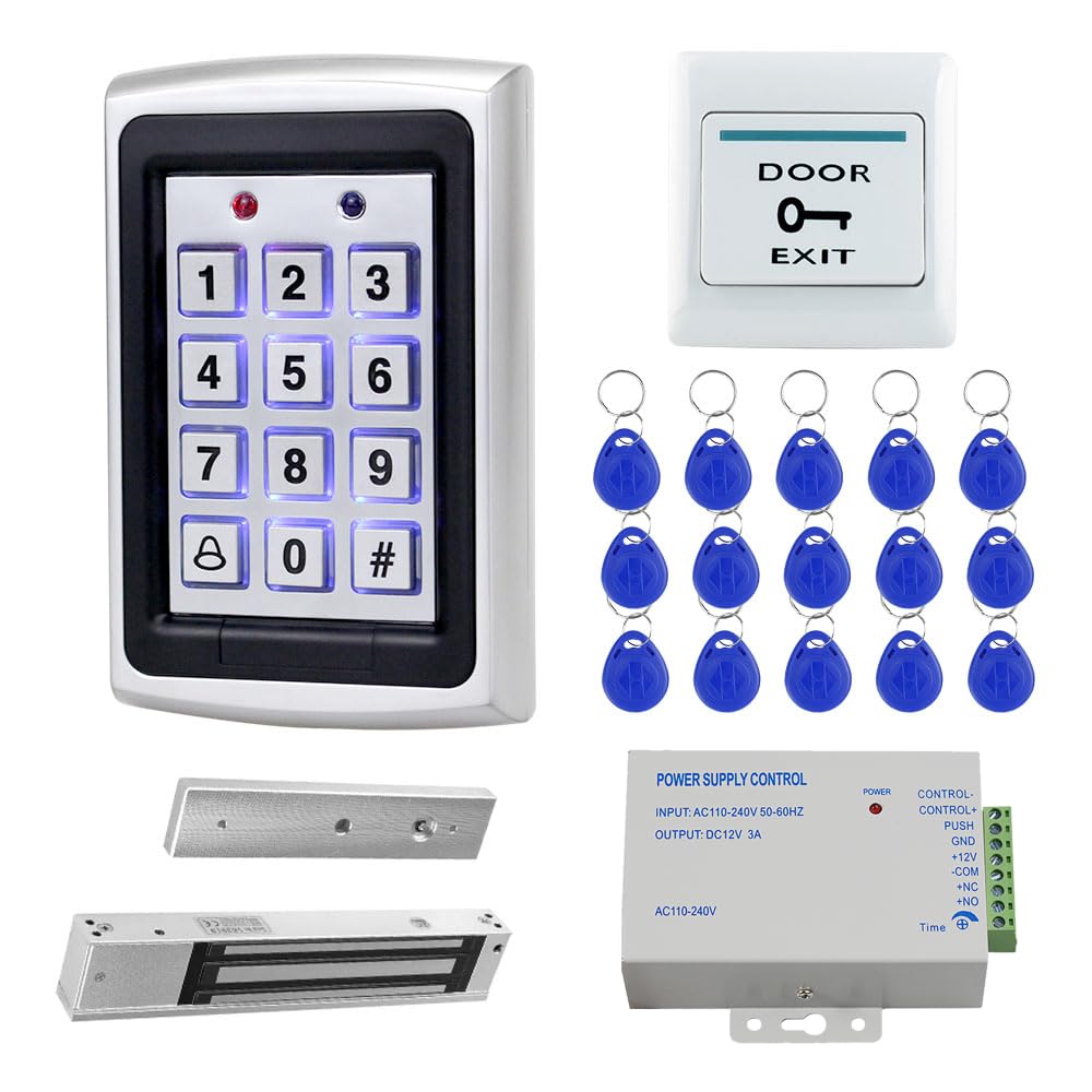 FusyTuly Zinc Alloy Access Control Kit, 280kg/600lb Magnetic Lock, Power Supply, Exit Button, 15 ID Keyfobs, 125kHz Card/PIN for Home Office