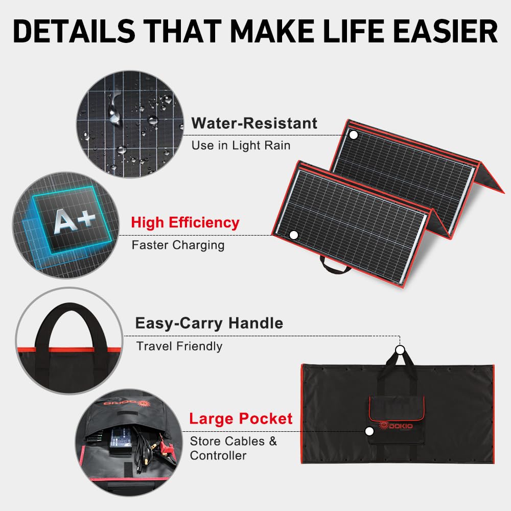 DOKIO 300W Foldable Solar Panel Kit for 12V Batteries & Power Stations, 15.2lb Monocrystalline Charger with PWM Controller, Dual USB, 9.85ft Cable, Folds to 19.3x37.4in for RV Camping