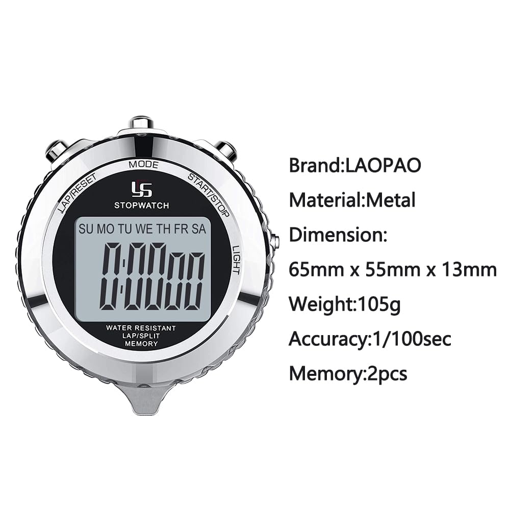 LAOPAO Stopwatch Metal Stopwatch Timer with Backlit 1/100th Second Precision 2 Lap Memory Digital Stop Watch for Coaches
