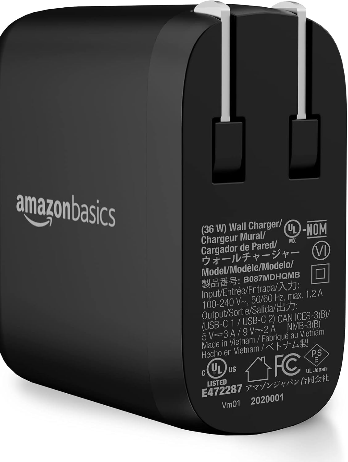 Amazon Basics 36W 15/14/13/12/11/X, 2.34 2.21 1.09 inches, Dual Port USB-C Wall Charger with Power Delivery, Foldable