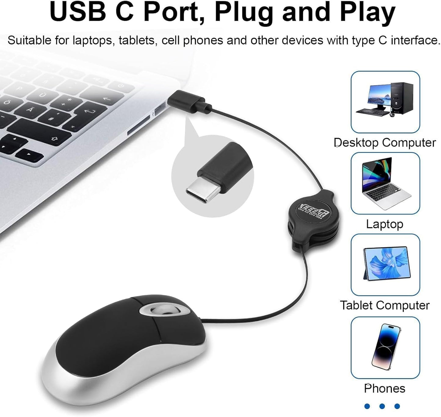 EEEKit 3-Button Mini Wired USB C Mouse, Retractable Corded Mouse Optical Computer Mice for Laptop PC MacBook iPad