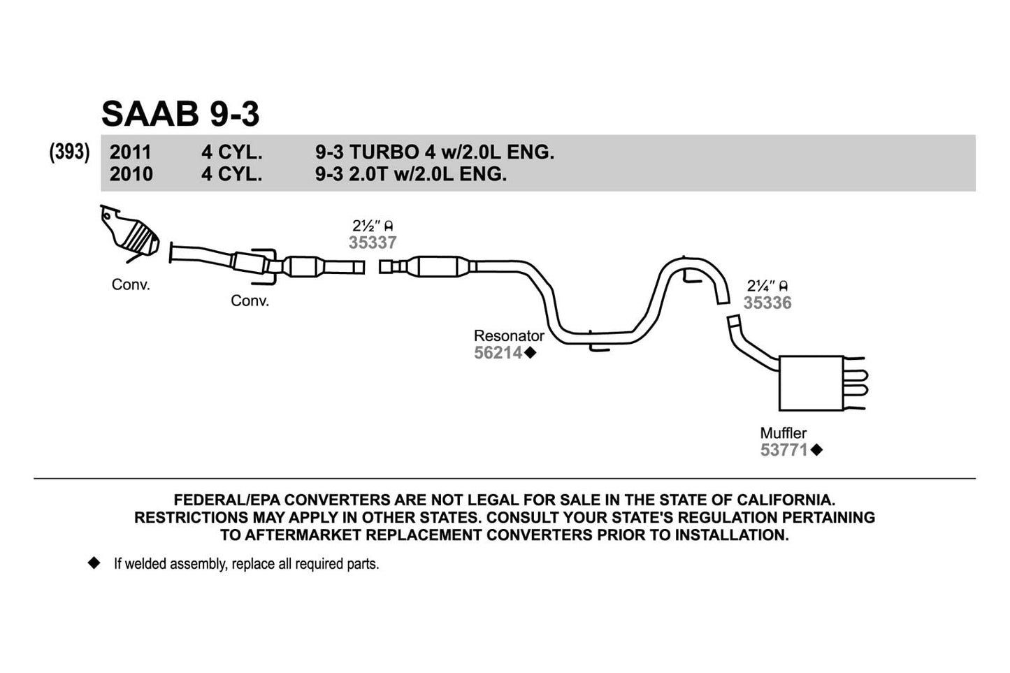 Walker 56214 Direct Fit Exhaust Resonator and Pipe Assembly 2.5" Inlet (ID) 2.25" Outlet (OD) for Saab 9-3