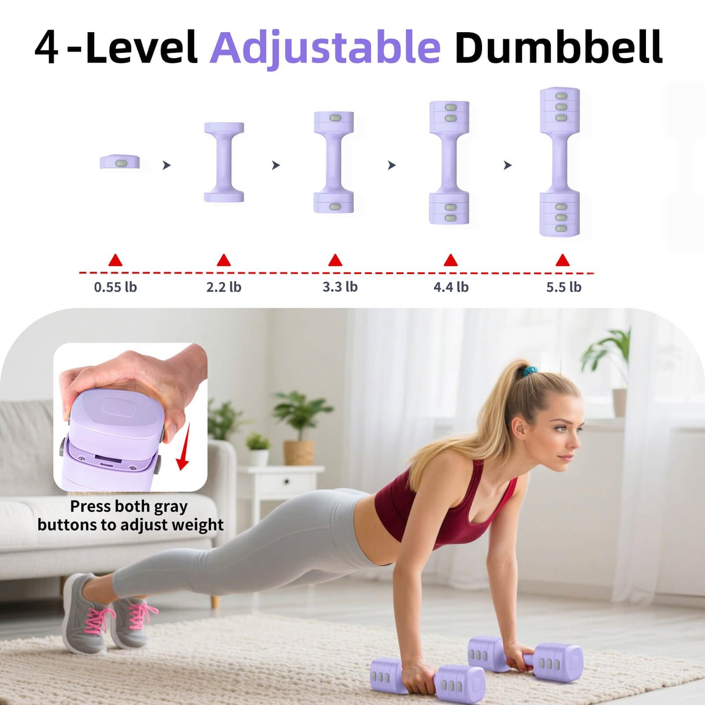 Nimsqury 2-in-1 Adjustable Dumbbell Set, Upgraded 4 Levels Hand Weights for Women Men, Each 2.2/3.3/4.4/5.5lb, Convertible Weights Dumbbells and Kettlebell Set for Home Gym Exercise & Fitness