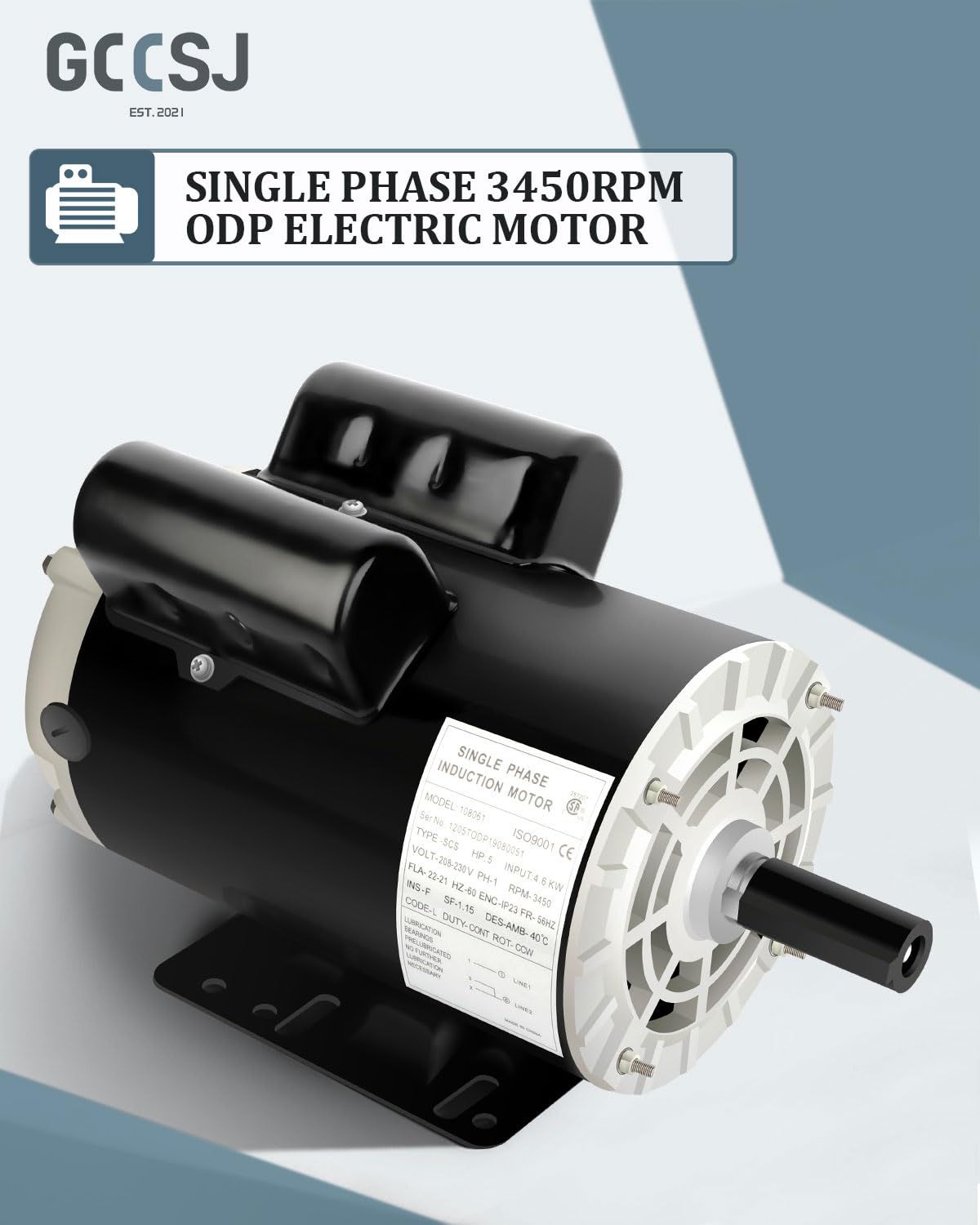 Air Compressor Motor 5HP Single Phase Electric Motor 3450RPM 208V-230V 7/8" Shaft Diameter, Commercial-Duty CCW Rotation 56HZ Frame, 2Pole