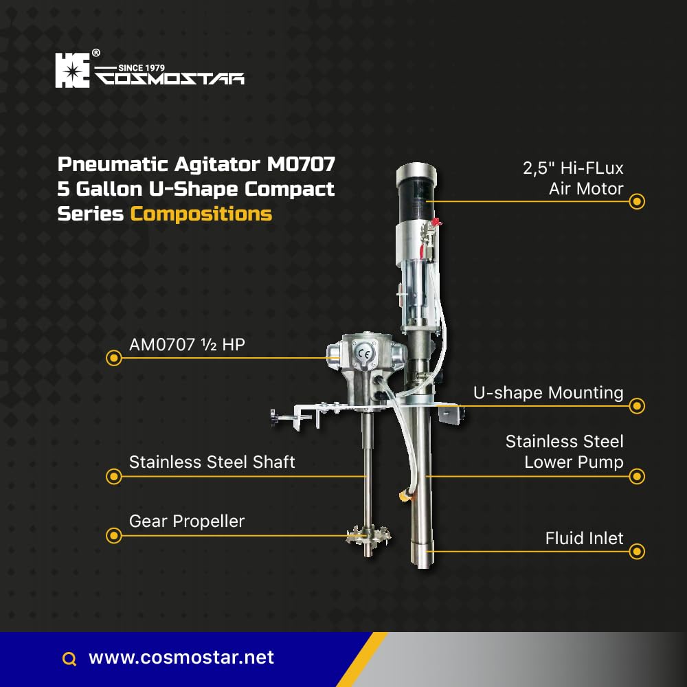 COSMOSTAR P0204 2:1 Oil/Chemical Pneumatic Transfer Pump 5 Gallon U Shape Cover Mounting with M0707 Agitator Mixer, Paint Circulation Series, (Stainless Steel, 5 Gallon Drum, Paint Mixing)