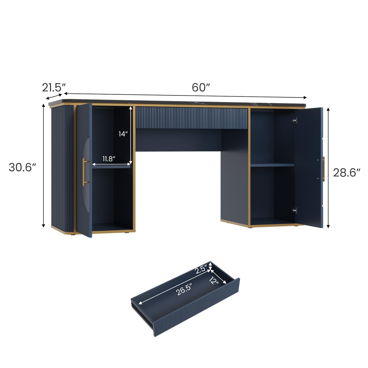RNLRNL 60" Fluted Computer Desk, Wooden Long Home Office Writing Desk with Drawer & Storage Cabinet, Modern Writing Table with Charging Station, High Executive Desk for Office，Bedroom, Navy Blue