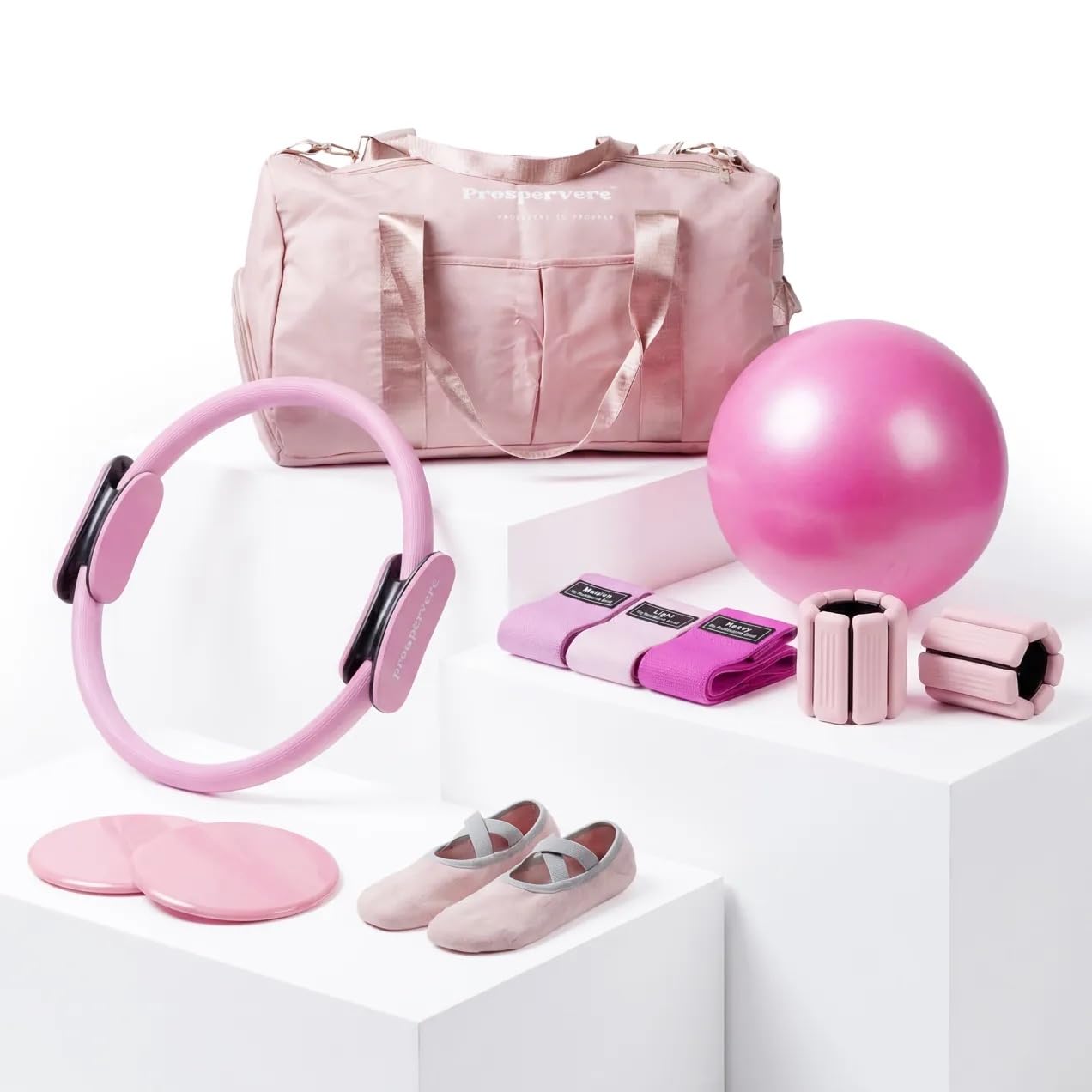 Prospervere Premium Pro Pilates Kit – 15 inch Pilates Ring and Ball Set w/ 1lb Ankle Weights, Fabric Resistance Bands, Sliders, Yoga Socks & Gym Bag – Blush Energy (Pink)