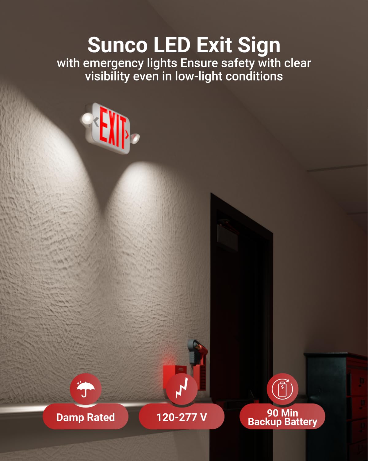 Sunco 30 Pack LED Exit Sign With Emergency Lights, Red, Two Mini Adjustable Lights, 94V-0 Fire Resistant, Backup Battery, 2.3W 6000K Daylight Deluxe, 200 Lumens 120-277V, Wall Or Ceiling Mount UL.