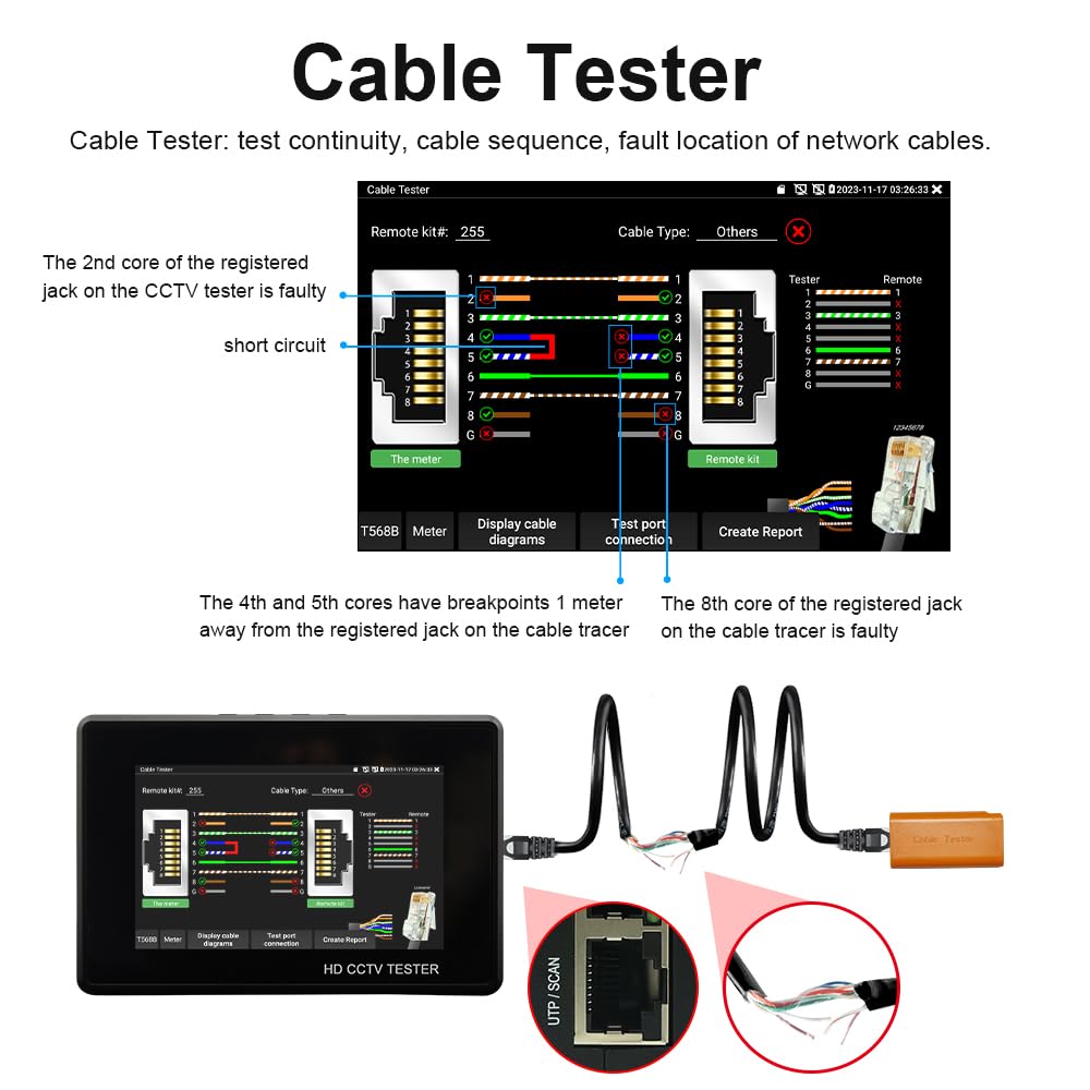 IP Camera Tester, WANLUTECH 4K IP CVBS CVI TVI AHD 4 inch Touchscreen CCTV Test Monitor with PoE/IP discovery/RJ45 Cable Test/PTZ Control(IPC-1800ADH Plus)